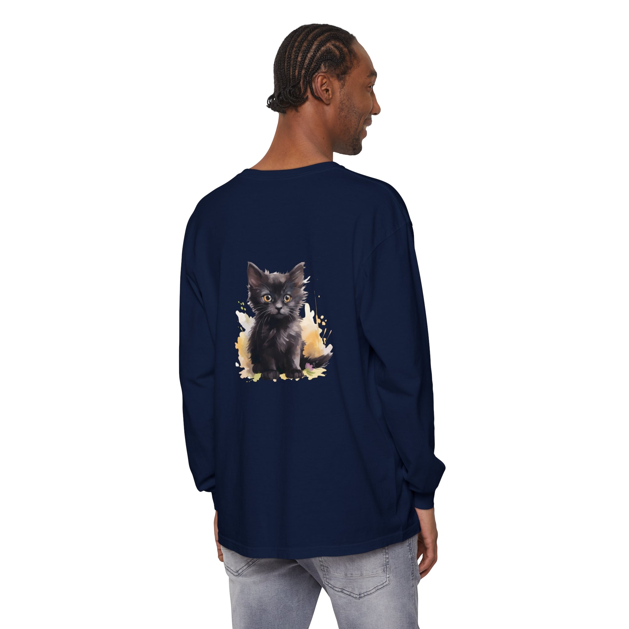 A vibrant and playful t-shirt featuring a watercolor splash design with a cute black kitten in the center
