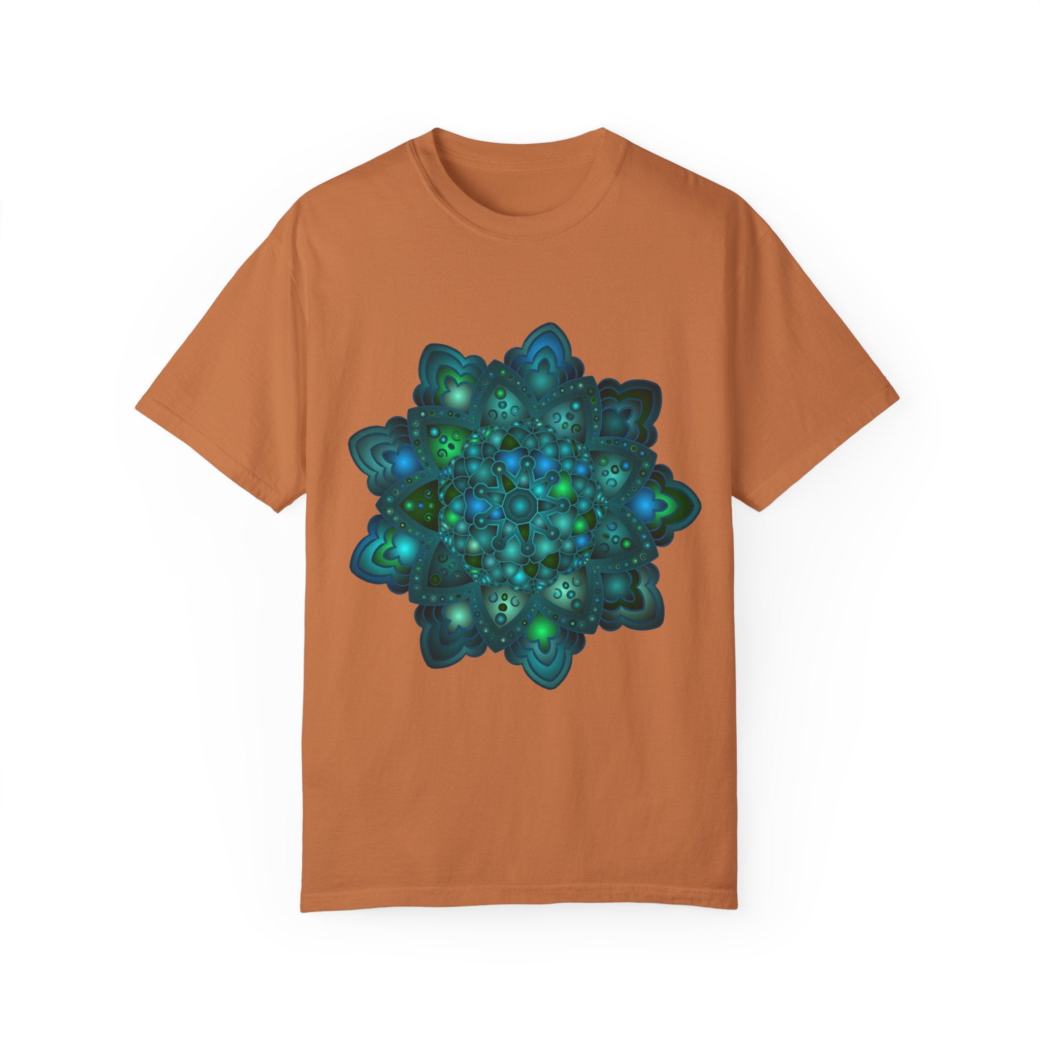 Intricate blue and green mandala design printed on a unisex t-shirt