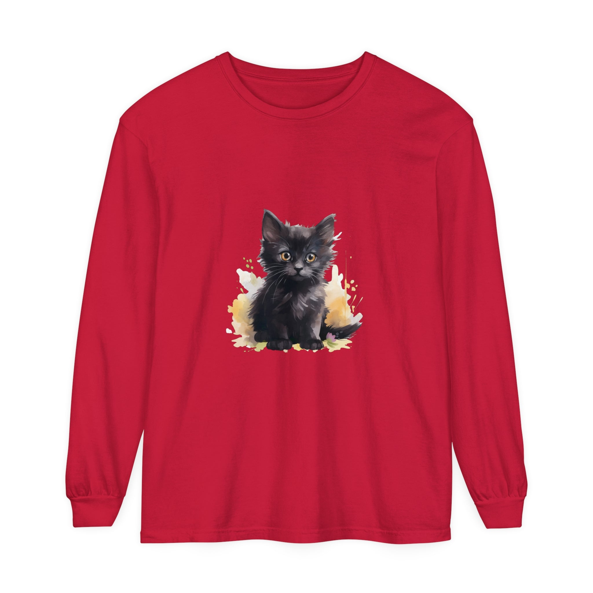 Black Kitten Watercolor Splash T-Shirt featuring a playful kitten design in vibrant watercolor tones, perfect for cat lovers and animal enthusiasts