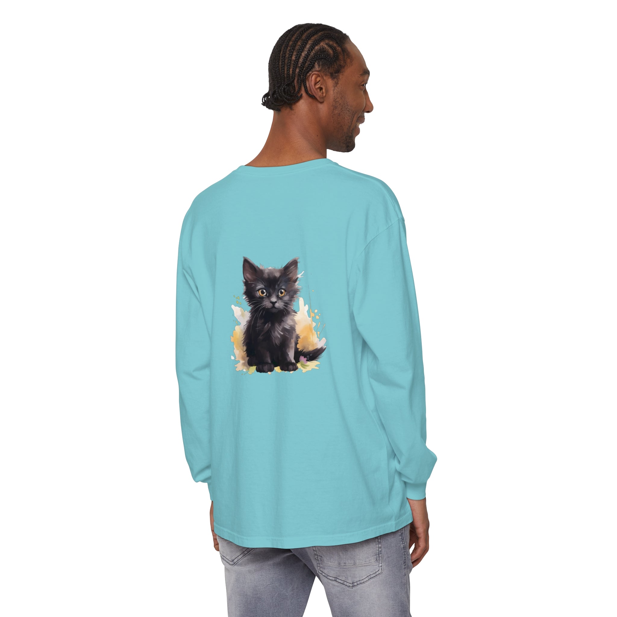 Black Kitten Watercolor Splash T-Shirt featuring a cute kitten design in vibrant watercolor style on a black background, perfect for cat lovers and animal enthusiasts