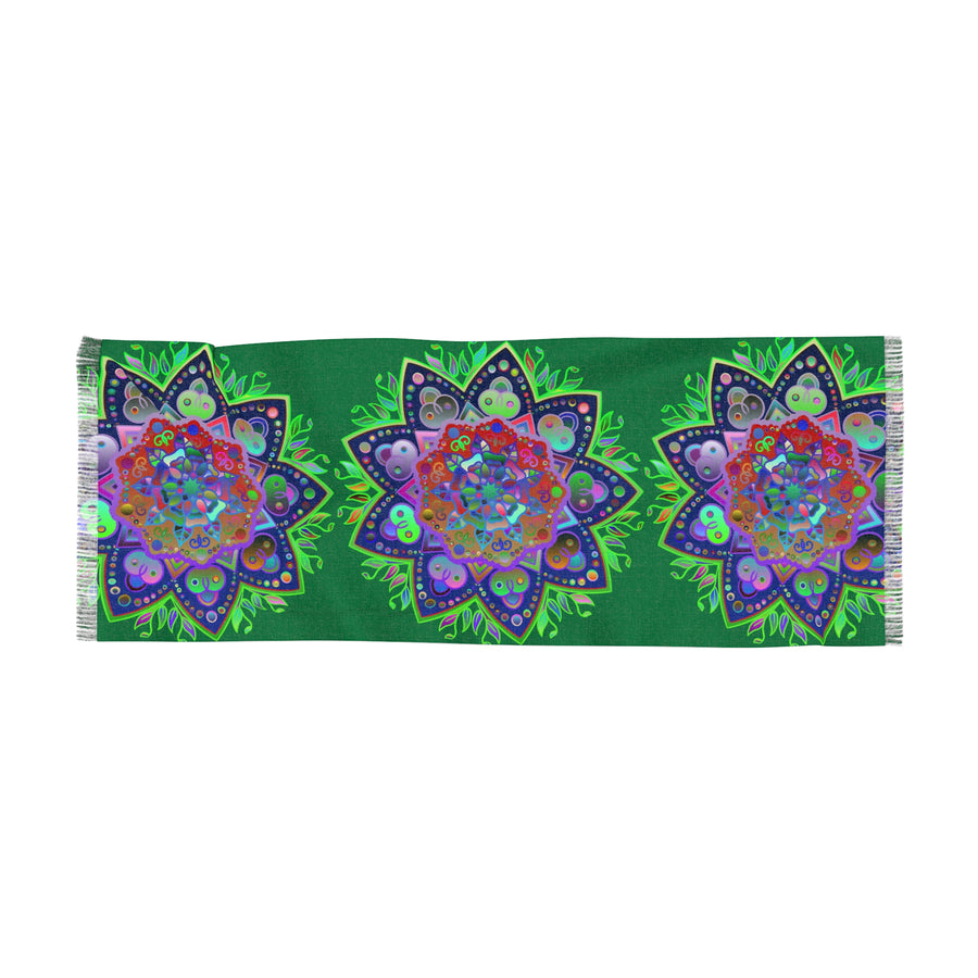 Green Mandala Flower Scarf — Vibrant Blue & Green Floral Light Scarf