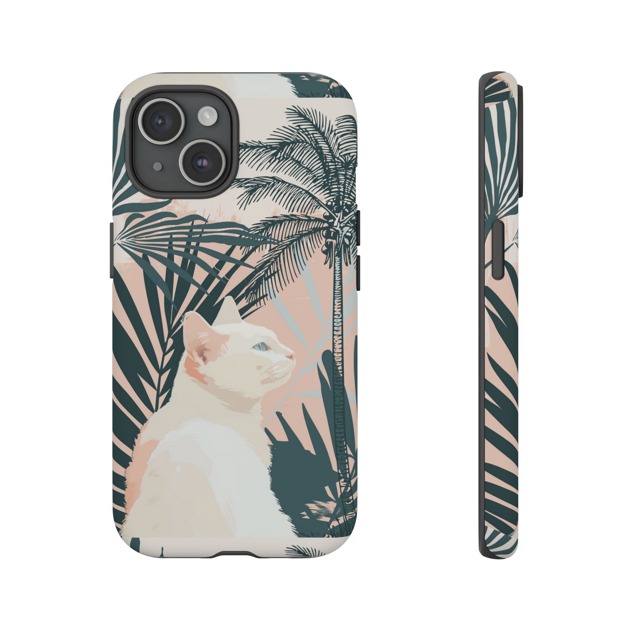 Tropical Cat Phone Case with Lush Palm Motifs and Soft Pastels