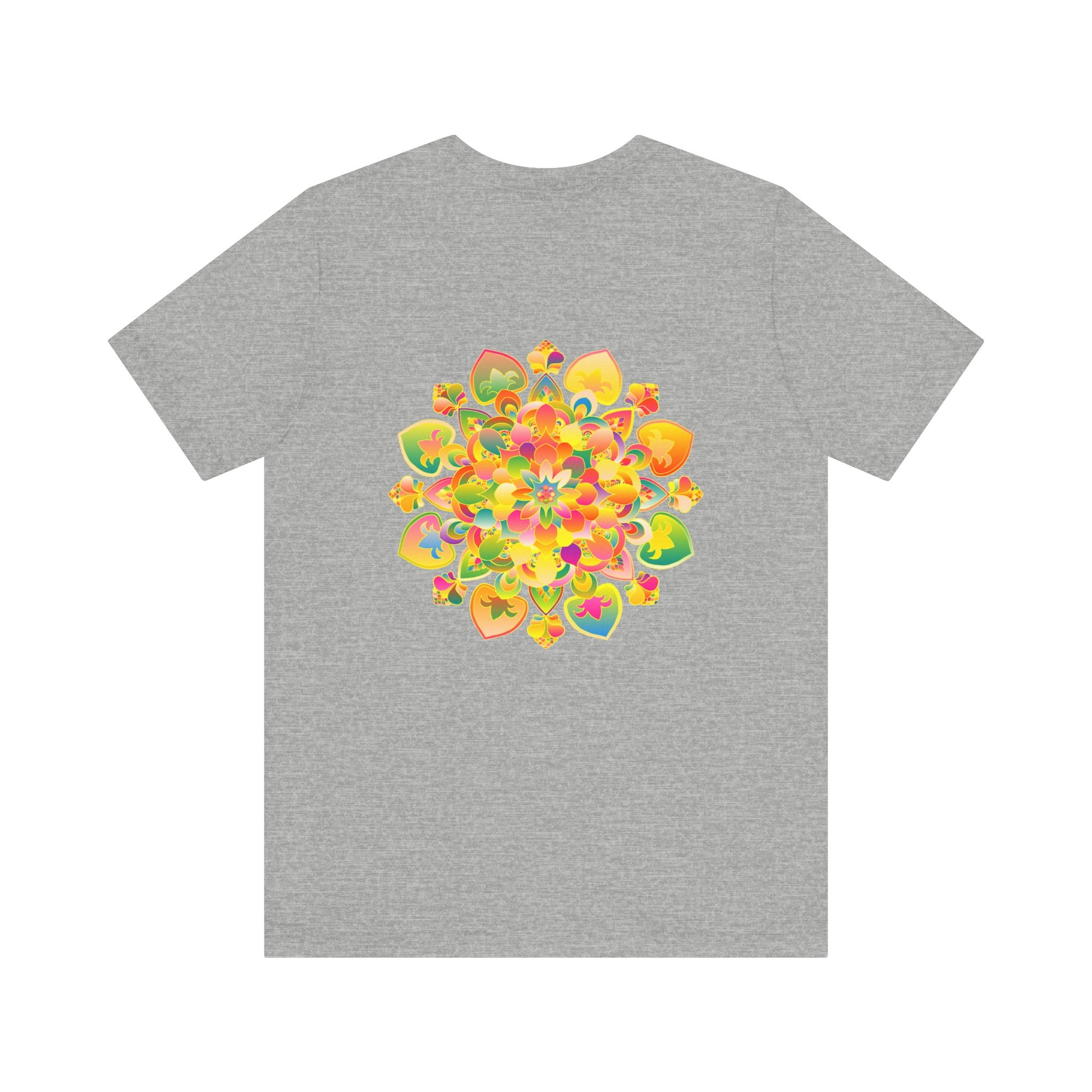 A vibrant and colorful mandala design T-shirt that promotes spiritual peace and harmony with its intricate patterns and soothing colors