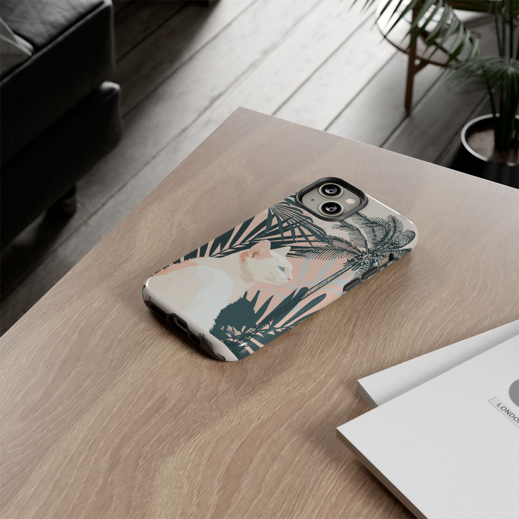 Tropical Cat Phone Case with Lush Palm Motifs and Soft Pastels