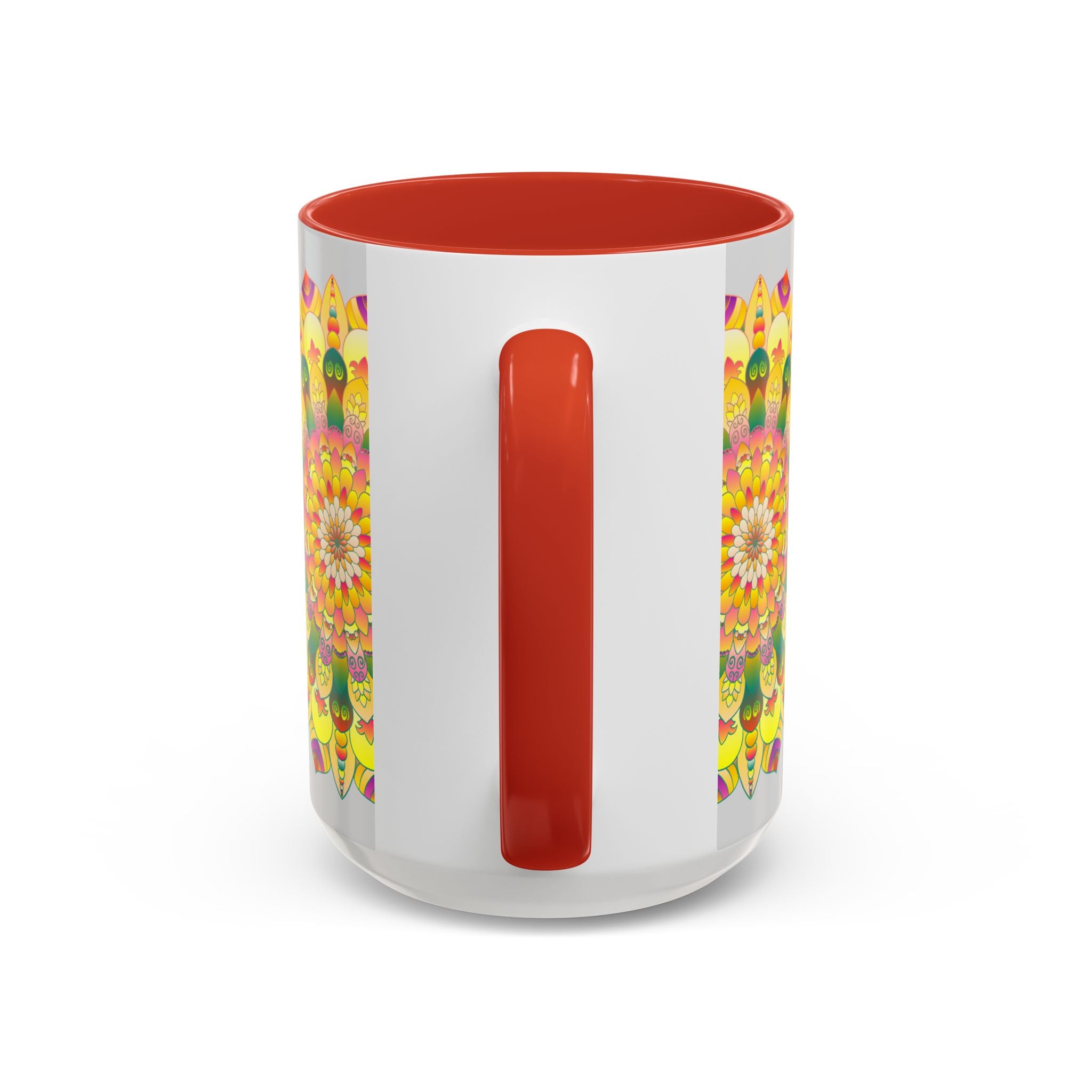 Artistic coffee cup featuring a vibrant and detailed floral mandala