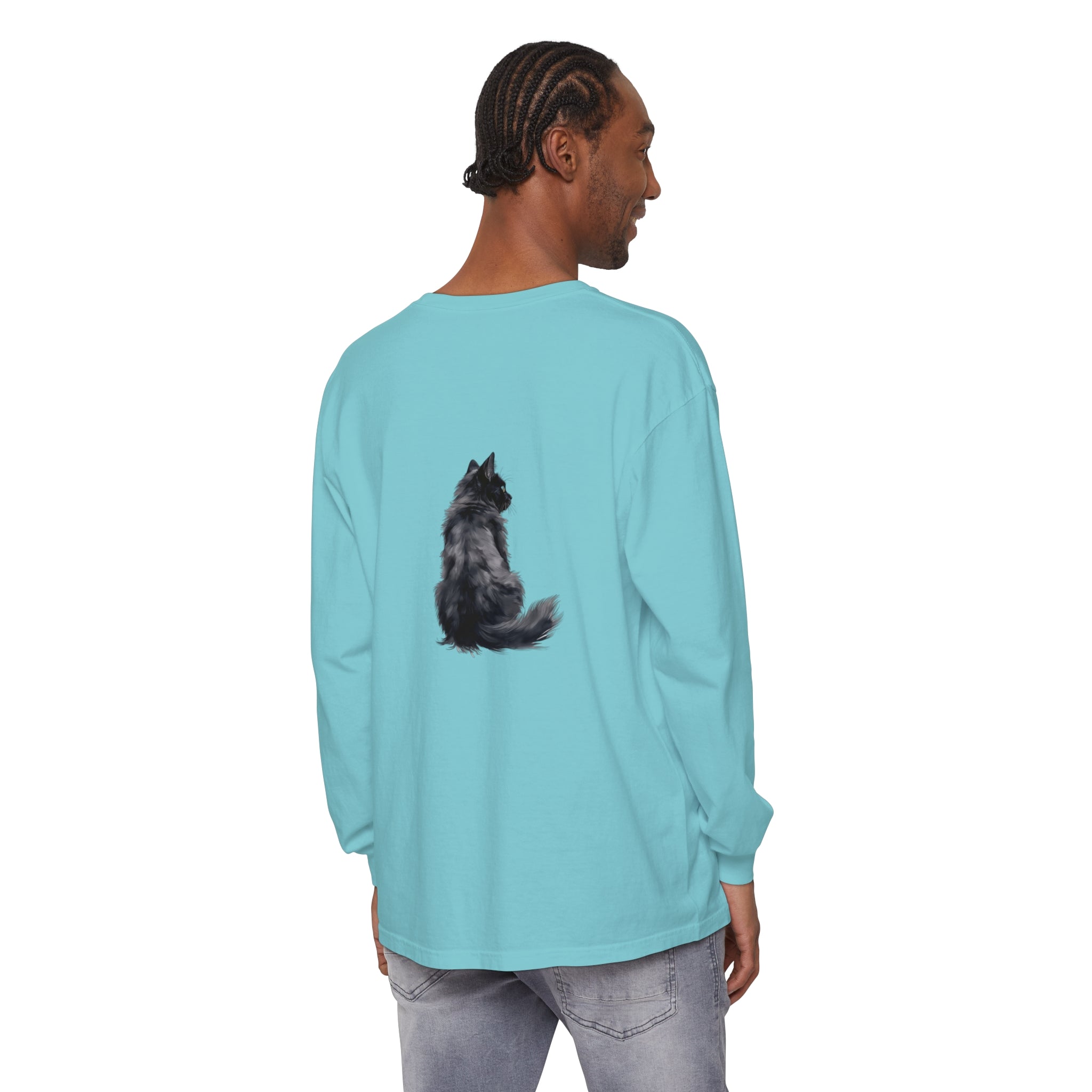 Black Cat Silhouette Unisex Long Sleeve T-Shirt in black, perfect for cat lovers