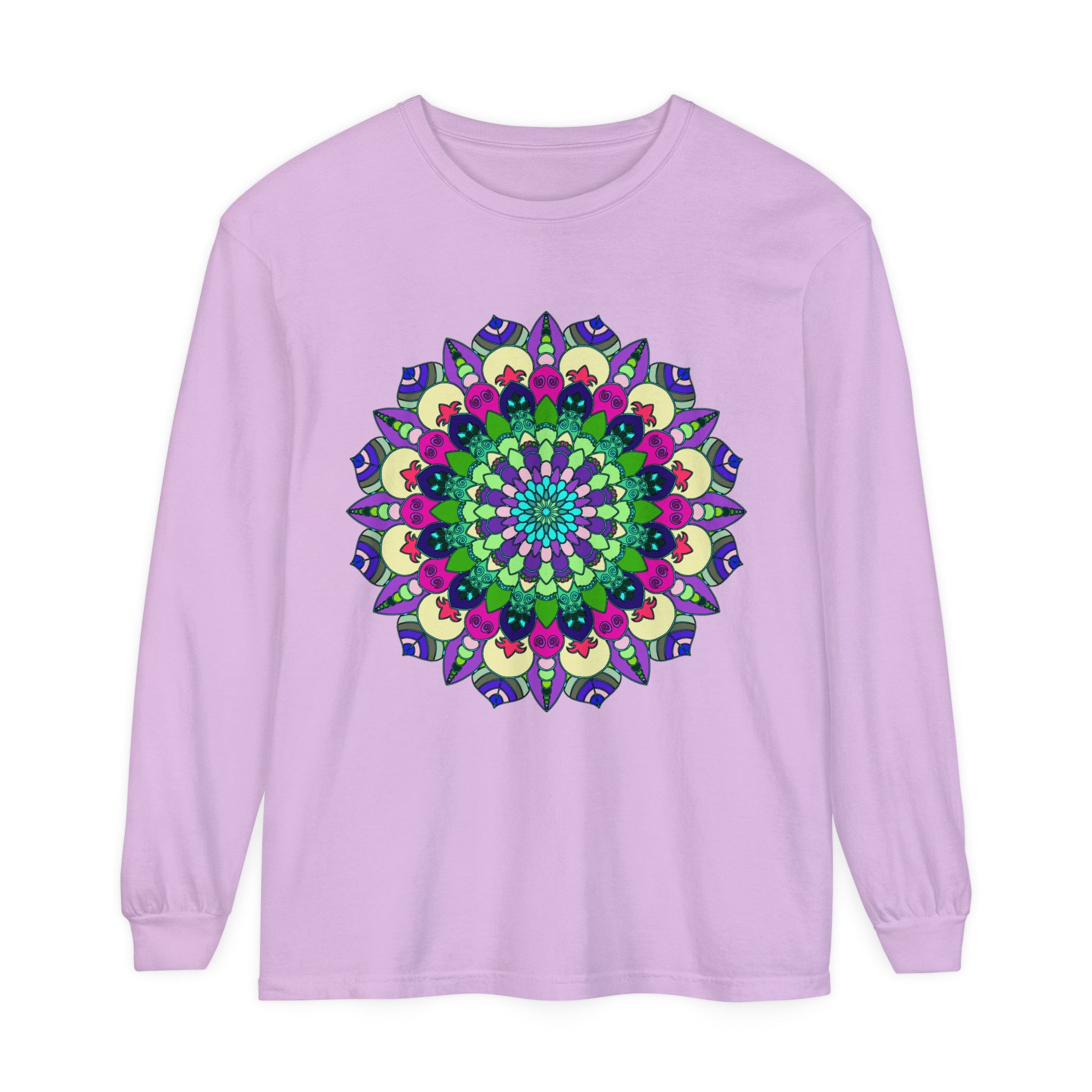 Colorful and intricate mandala design on a comfortable unisex long sleeve t-shirt