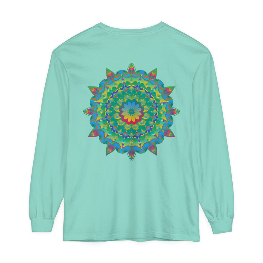 Colorful and intricate psychedelic mandala design on a long sleeve t-shirt