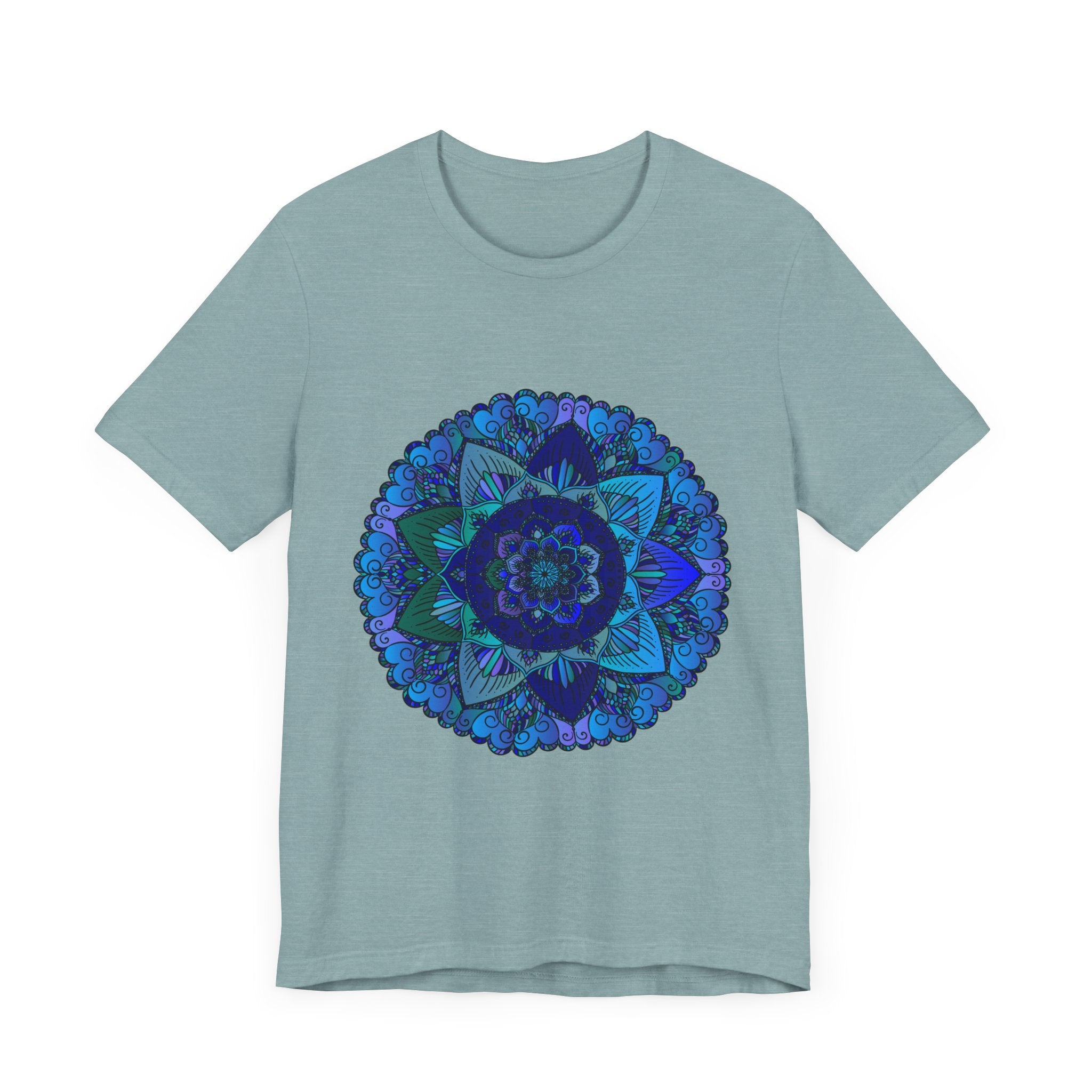 Dark blue and green mandala t-shirt featuring intricate spiritual art design