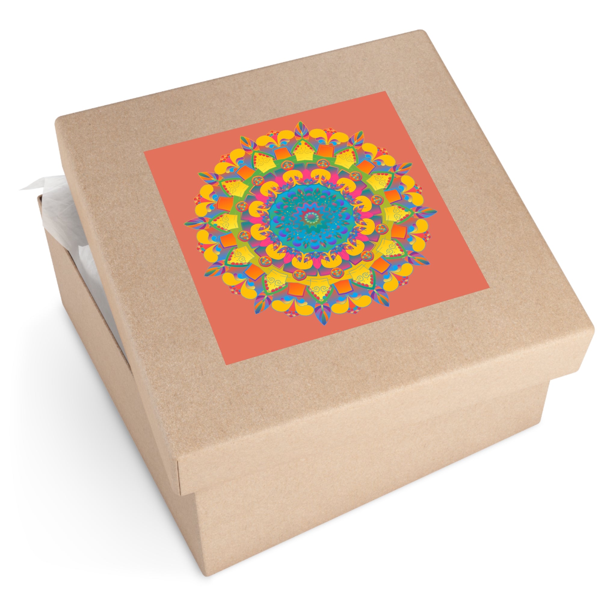 Handgezeichnete Mandala-Laminieraufkleber – Gold, Rot und Grün auf Terrakotta