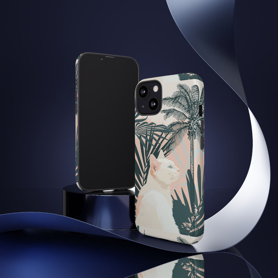 Tropical Cat Phone Case with Lush Palm Motifs and Soft Pastels