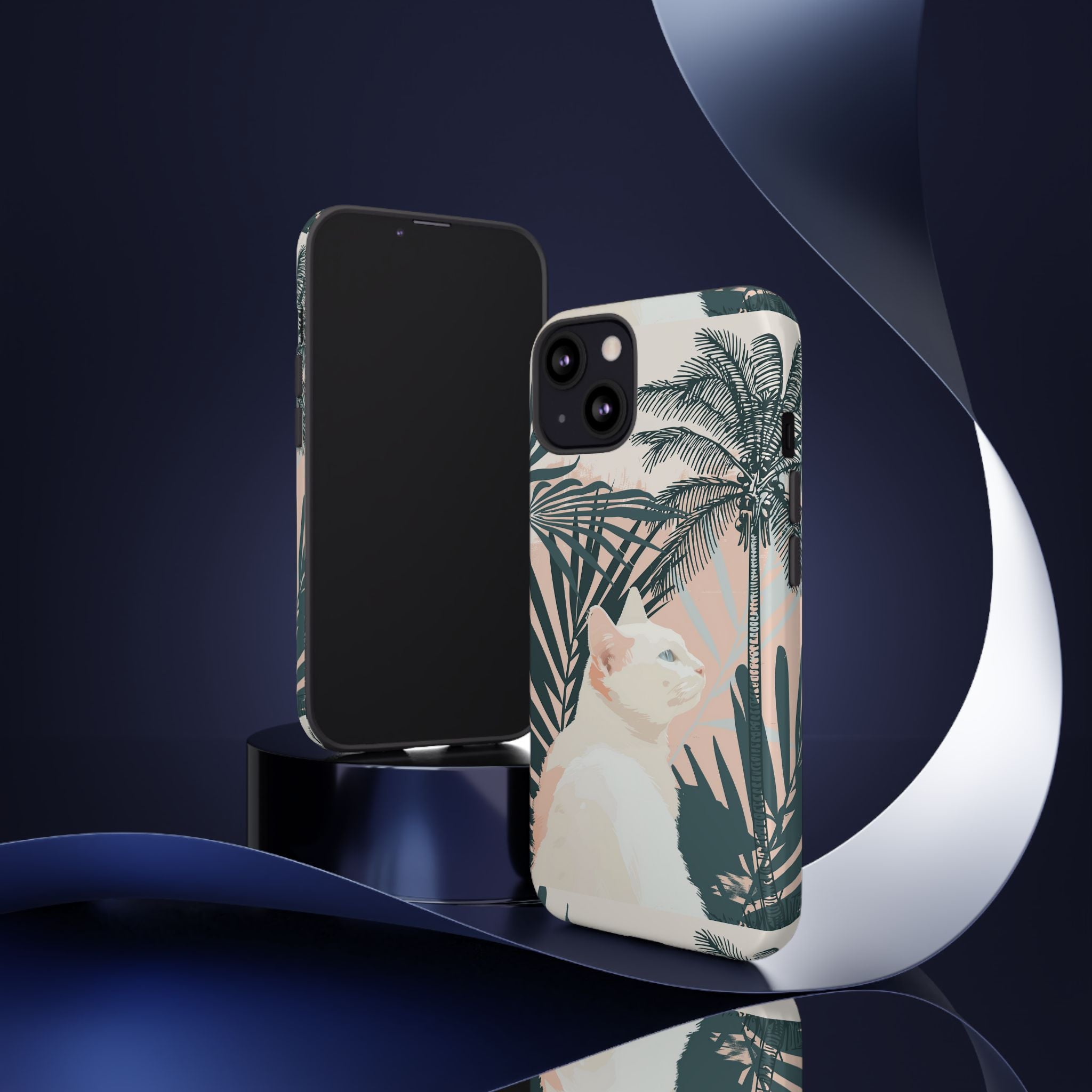 Tropical Cat Phone Case with Lush Palm Motifs and Soft Pastels