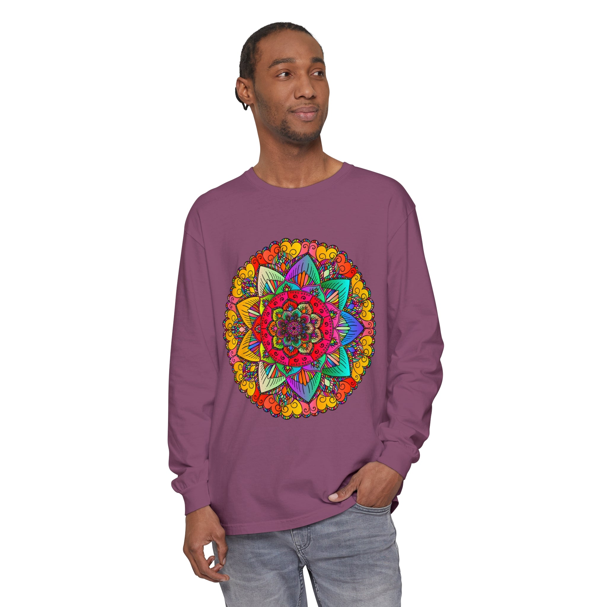 Eye-catching unisex t-shirt with intricate mandala design in vibrant colors