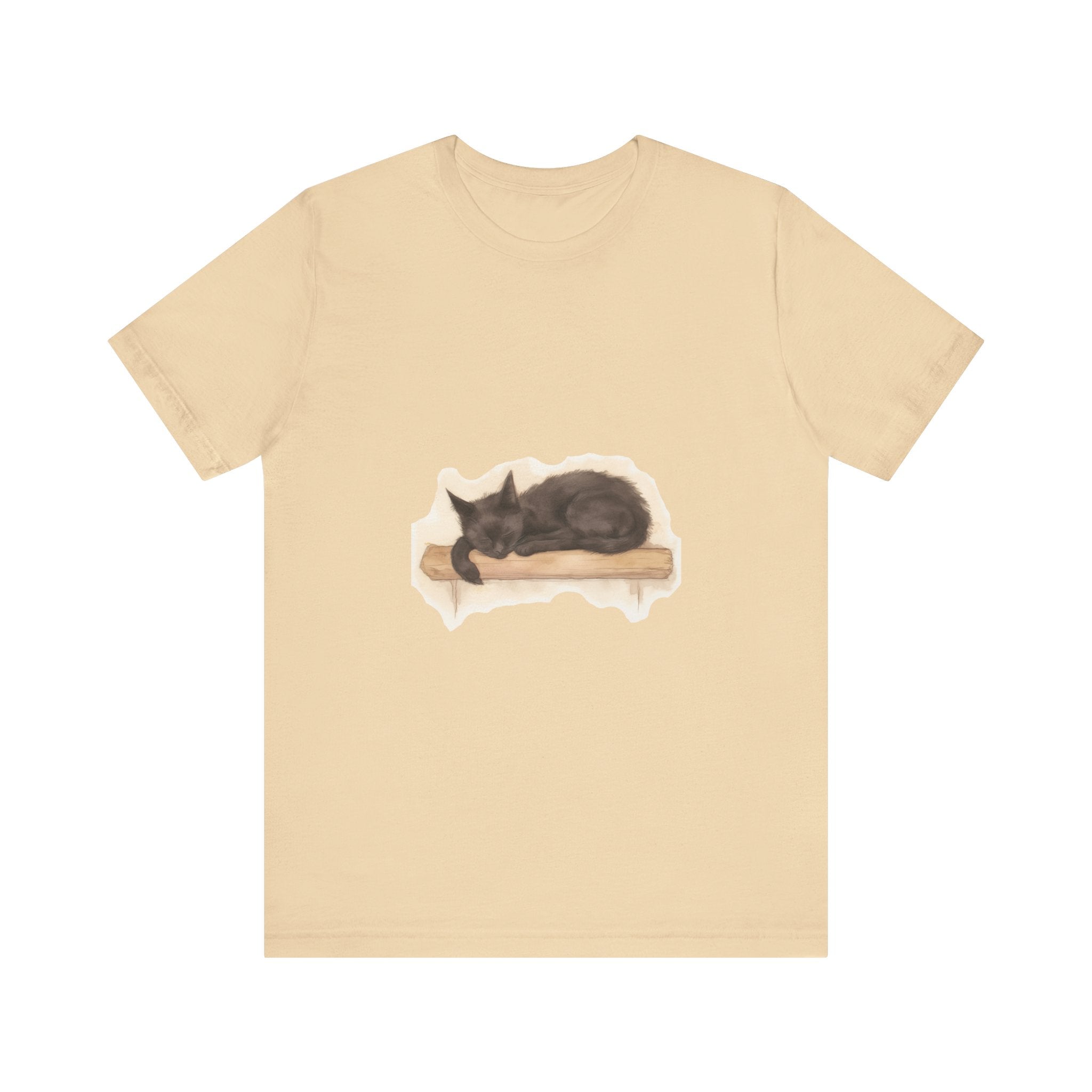 A cozy black cat curled up in a watercolor style on a t-shirt, perfect for cat lovers and sleep enthusiasts