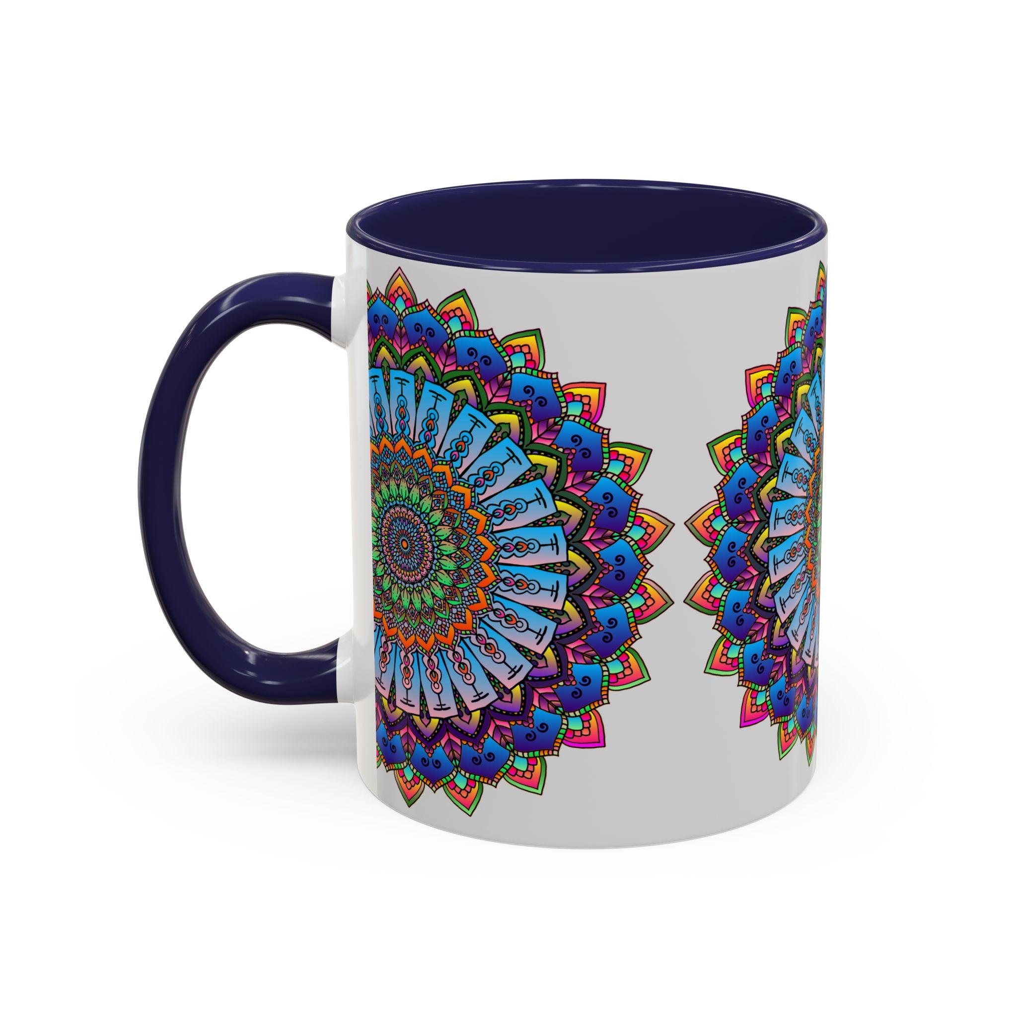 Grey mug featuring a striking and colorful mandala design