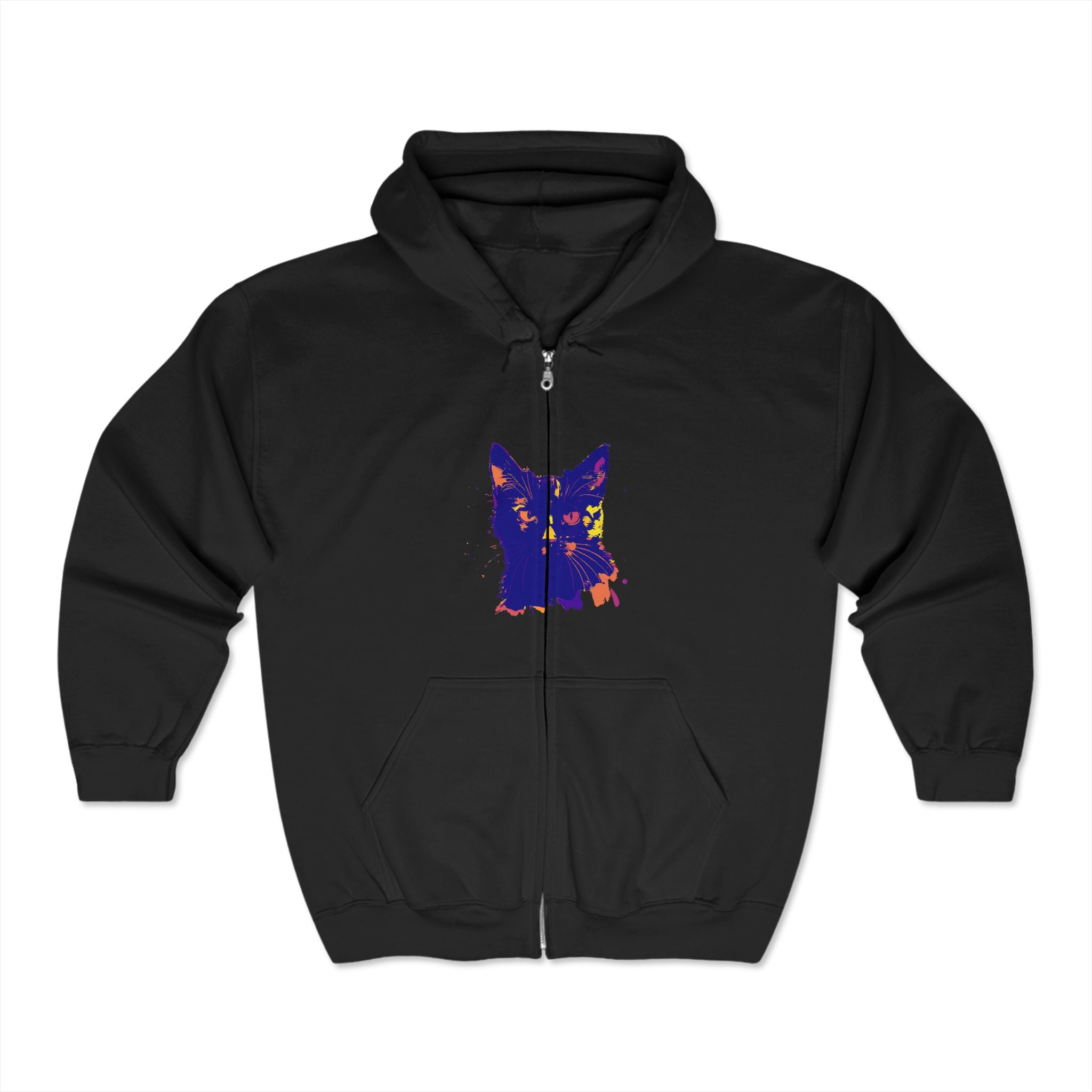 Black Cat Watercolor Hoodie - Mystical Design hanging on a clothing rack with other hoodies