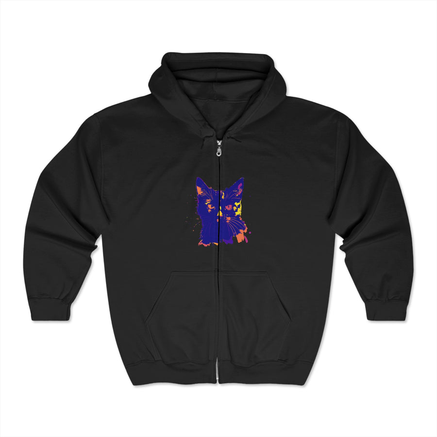 Black Cat Watercolor Hoodie - Mystical Design hanging on a clothing rack with other hoodies