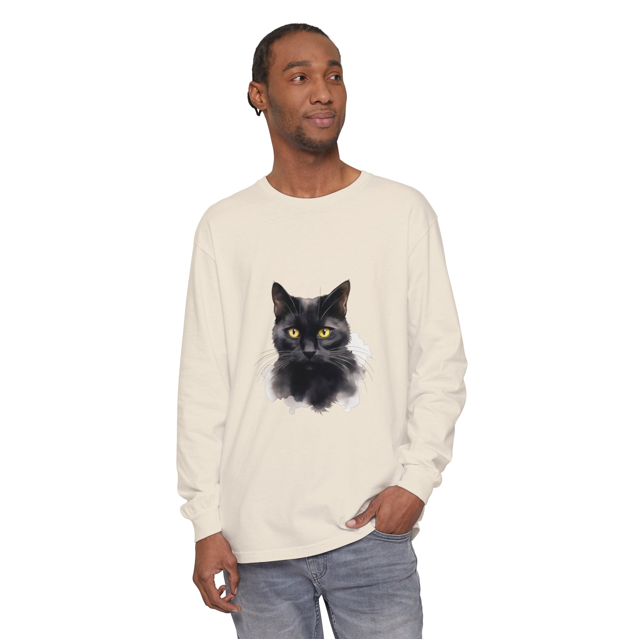 Unisex Shirt featuring Black Cat Portrait on Long Sleeves