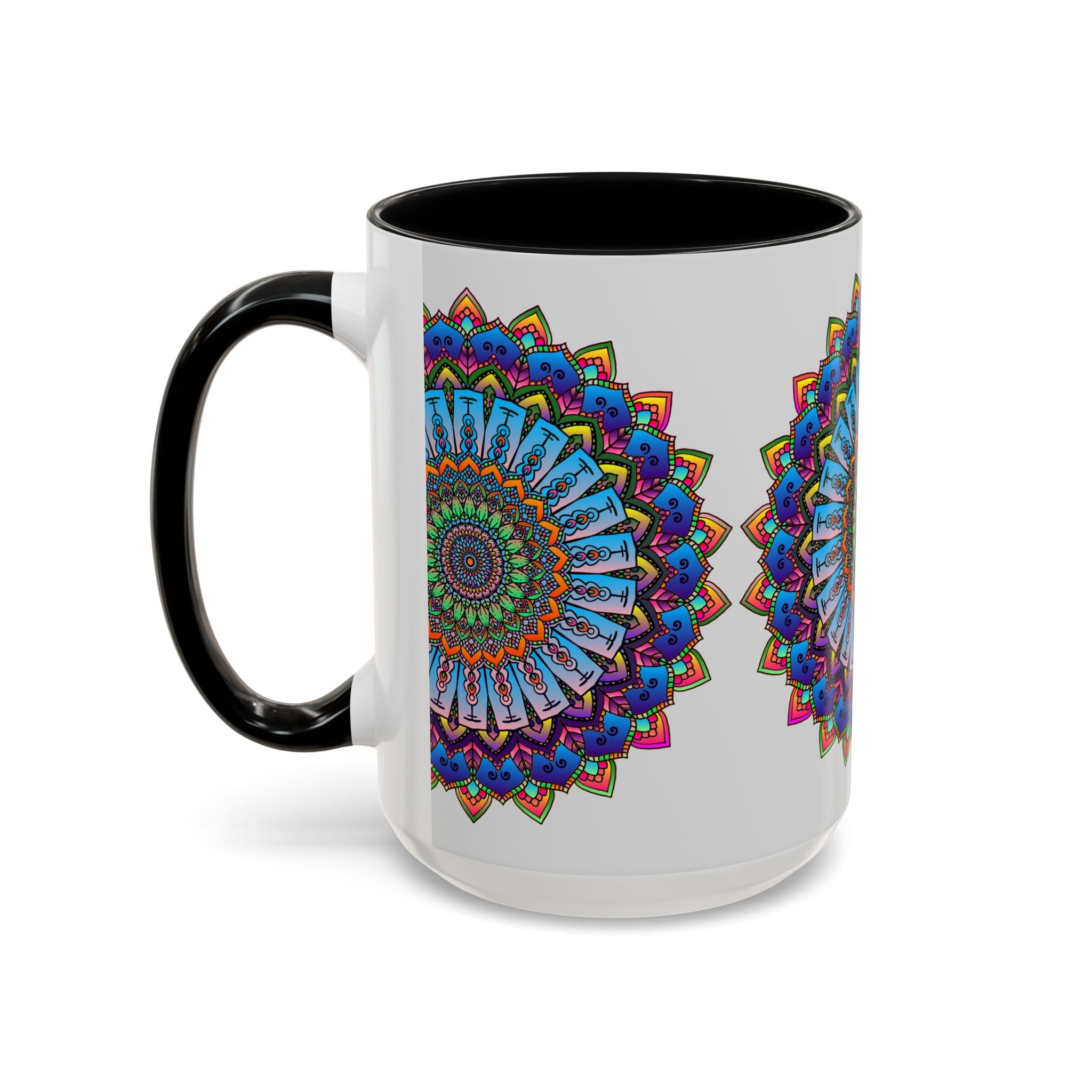 Intricate mandala artwork in vivid hues on a grey mug