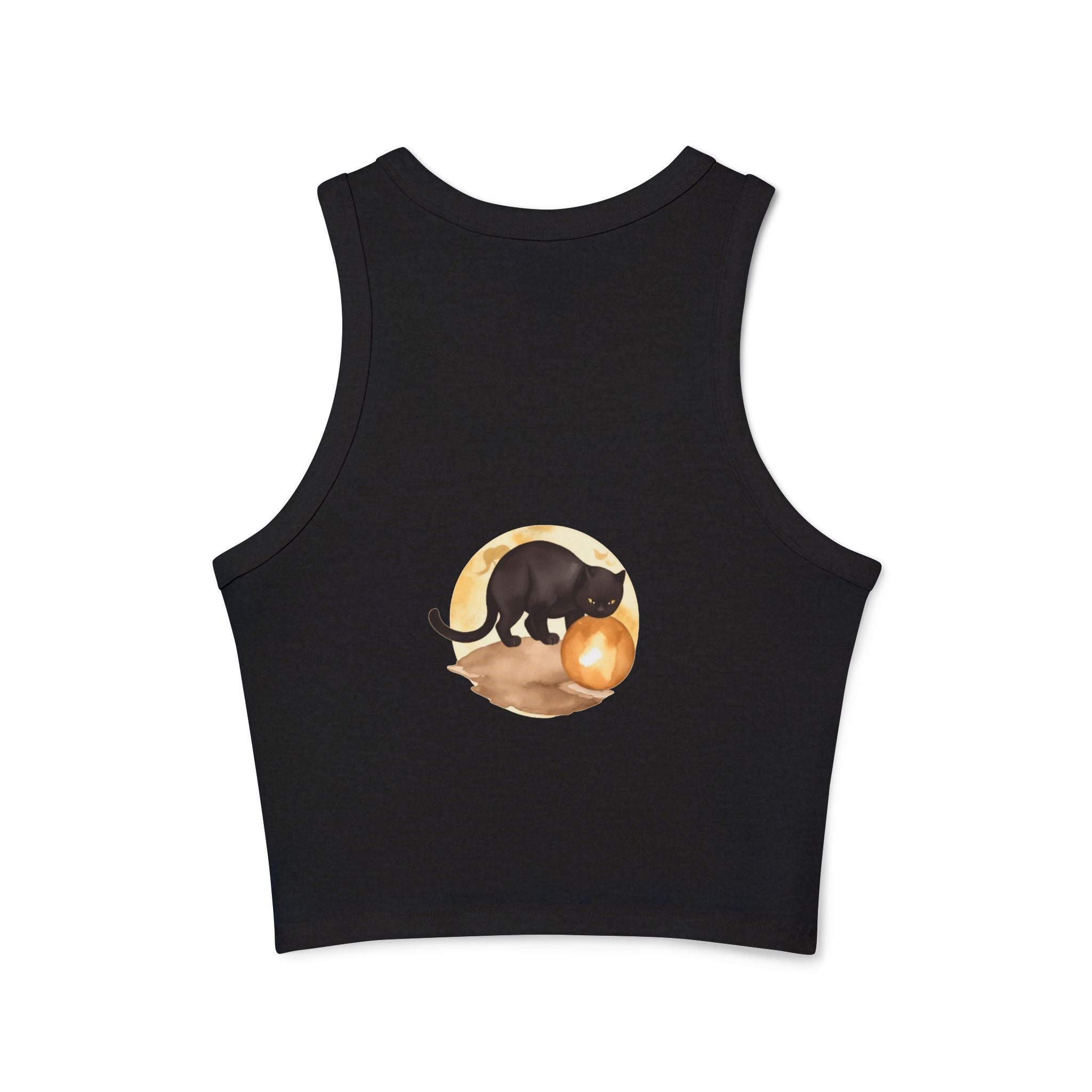 Woman wearing Black Cat Moon Racerback Tank Top while sitting on a moonlit bench