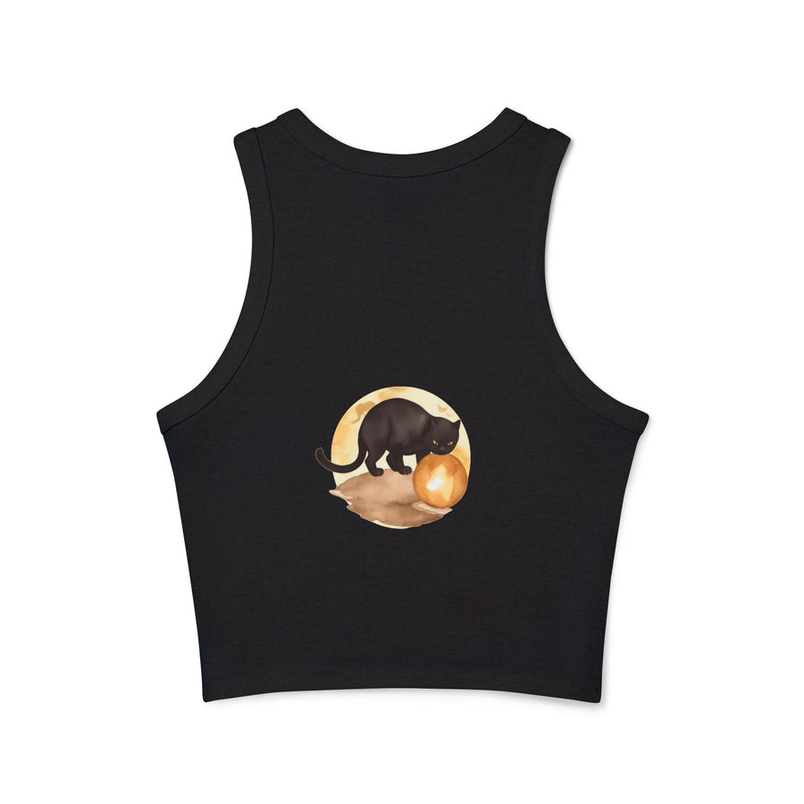 Woman wearing Black Cat Moon Racerback Tank Top while sitting on a moonlit bench