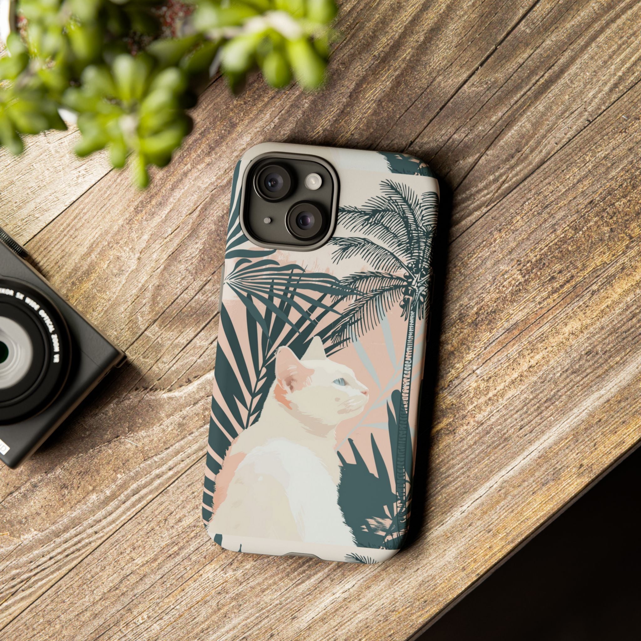 Tropical Cat Phone Case with Lush Palm Motifs and Soft Pastels