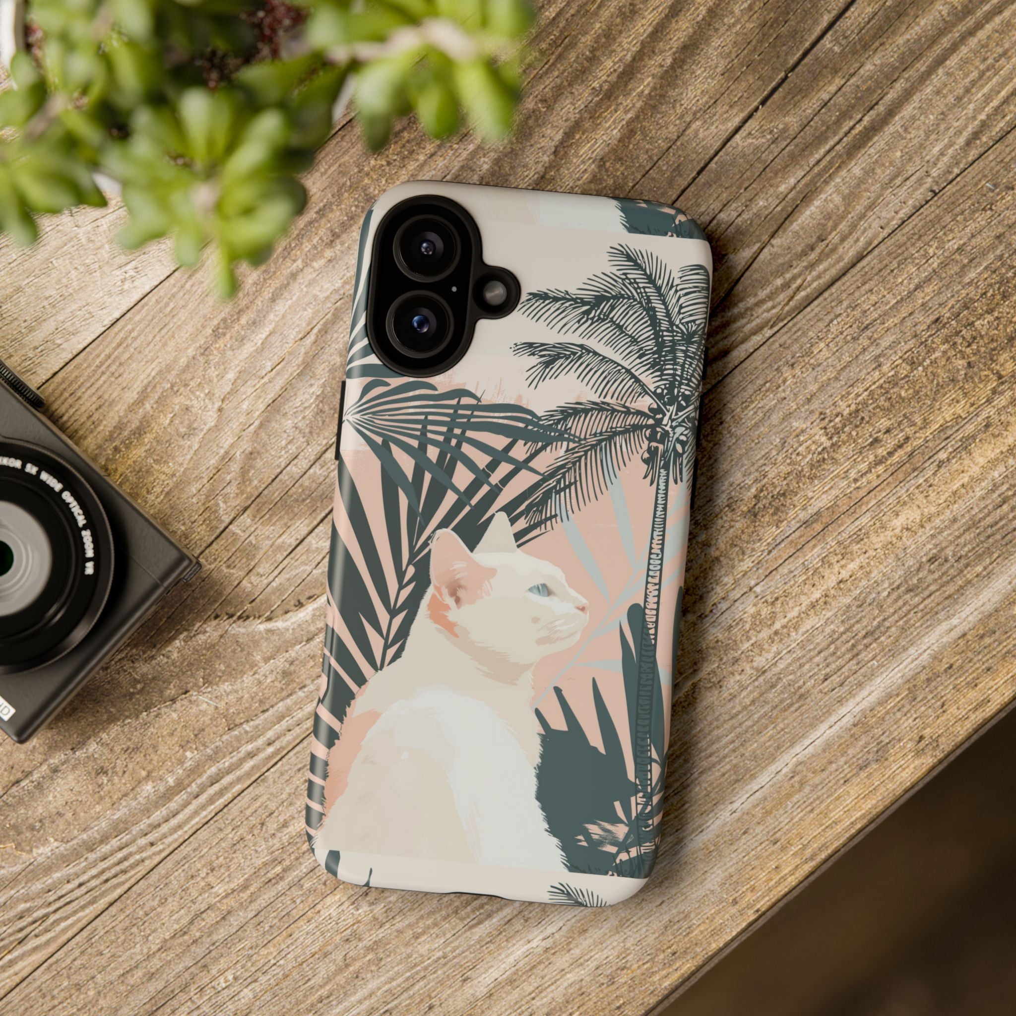 Tropical Cat Phone Case with Lush Palm Motifs and Soft Pastels