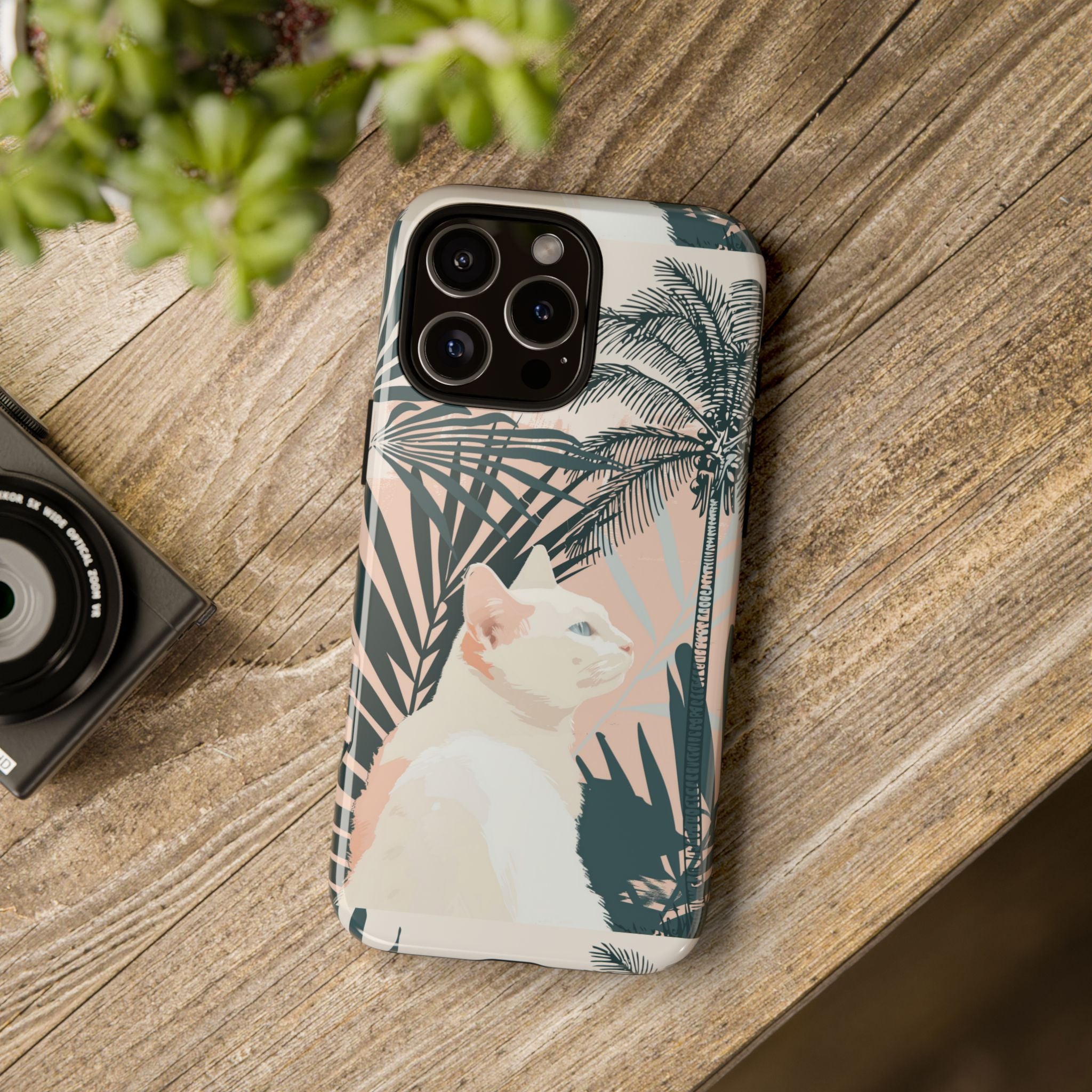 Tropical Cat Phone Case with Lush Palm Motifs and Soft Pastels