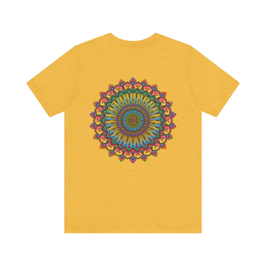 A vibrantly colorful mandala tee featuring intricate spiritual symbols for peace and harmony