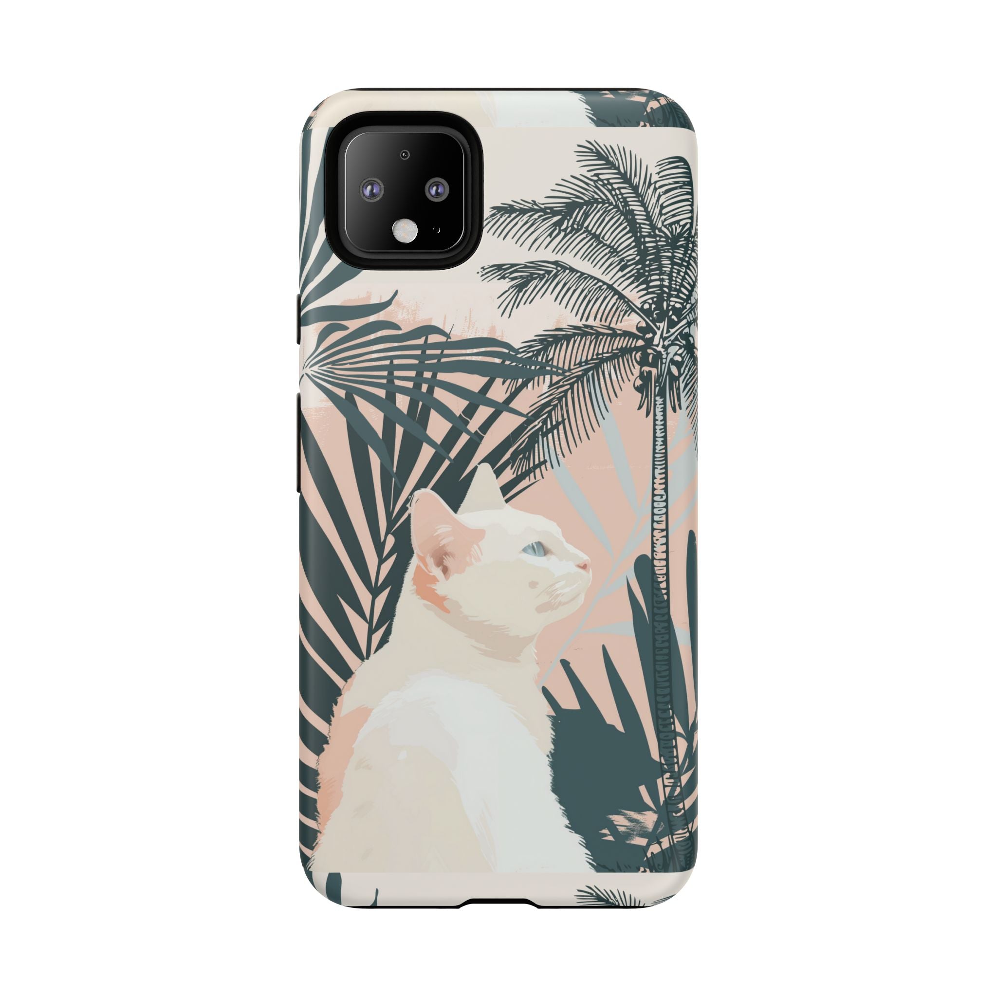 Tropical Cat Phone Case with Lush Palm Motifs and Soft Pastels