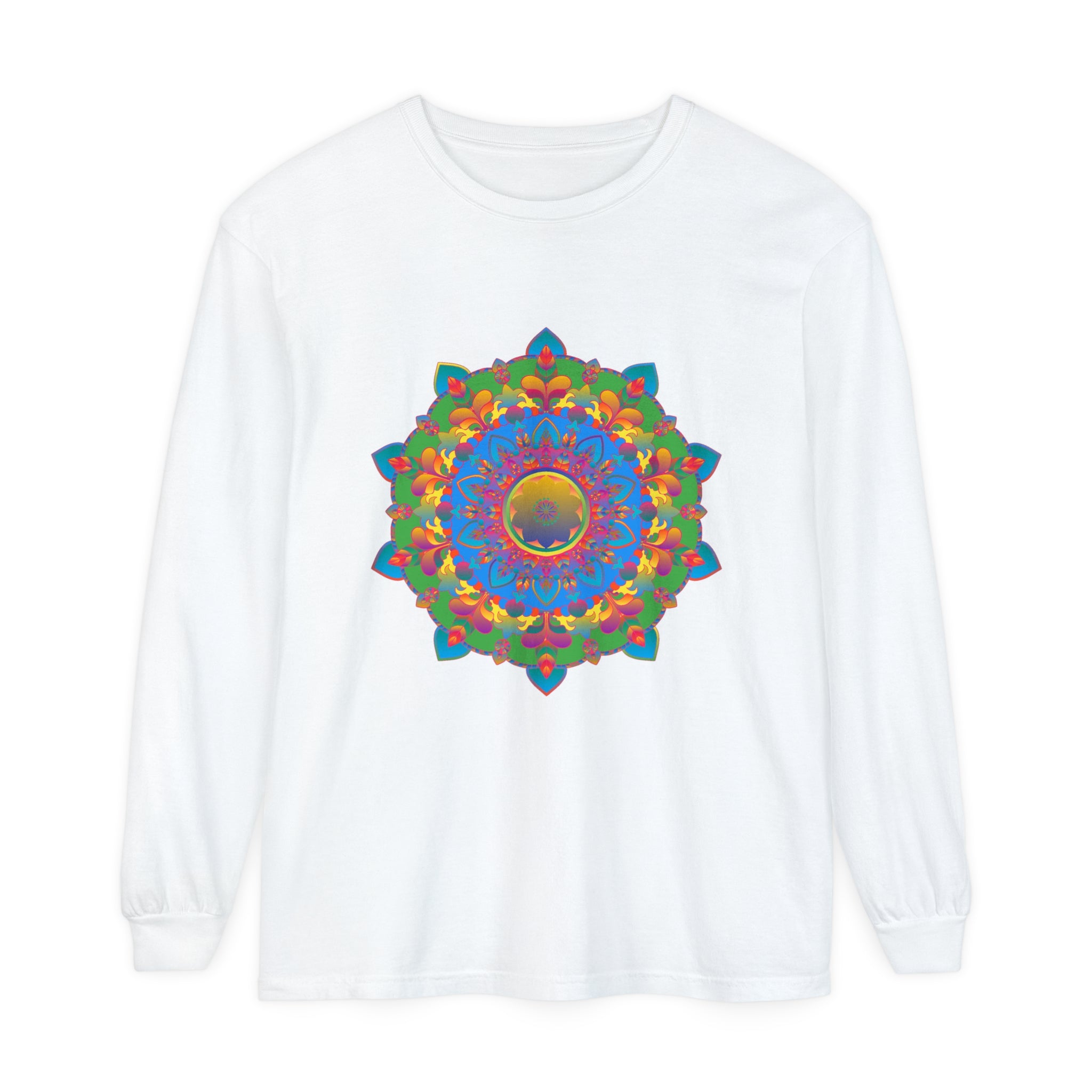 Intricate mandala long sleeve t-shirt with vibrant colors and detailed design