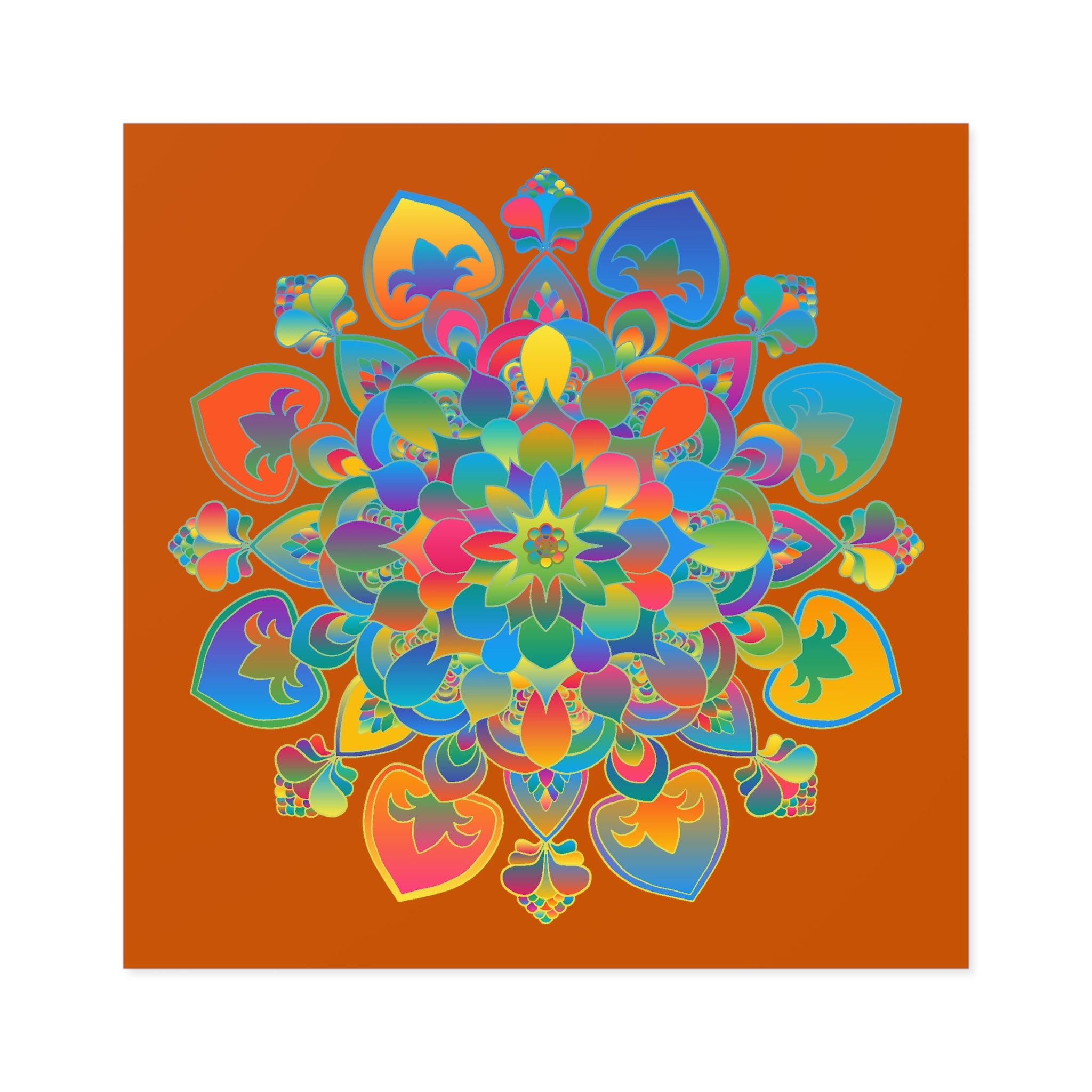 Handgezeichnete Mandala-Laminieraufkleber – Gold, Rot und Grün auf gebranntem Orange