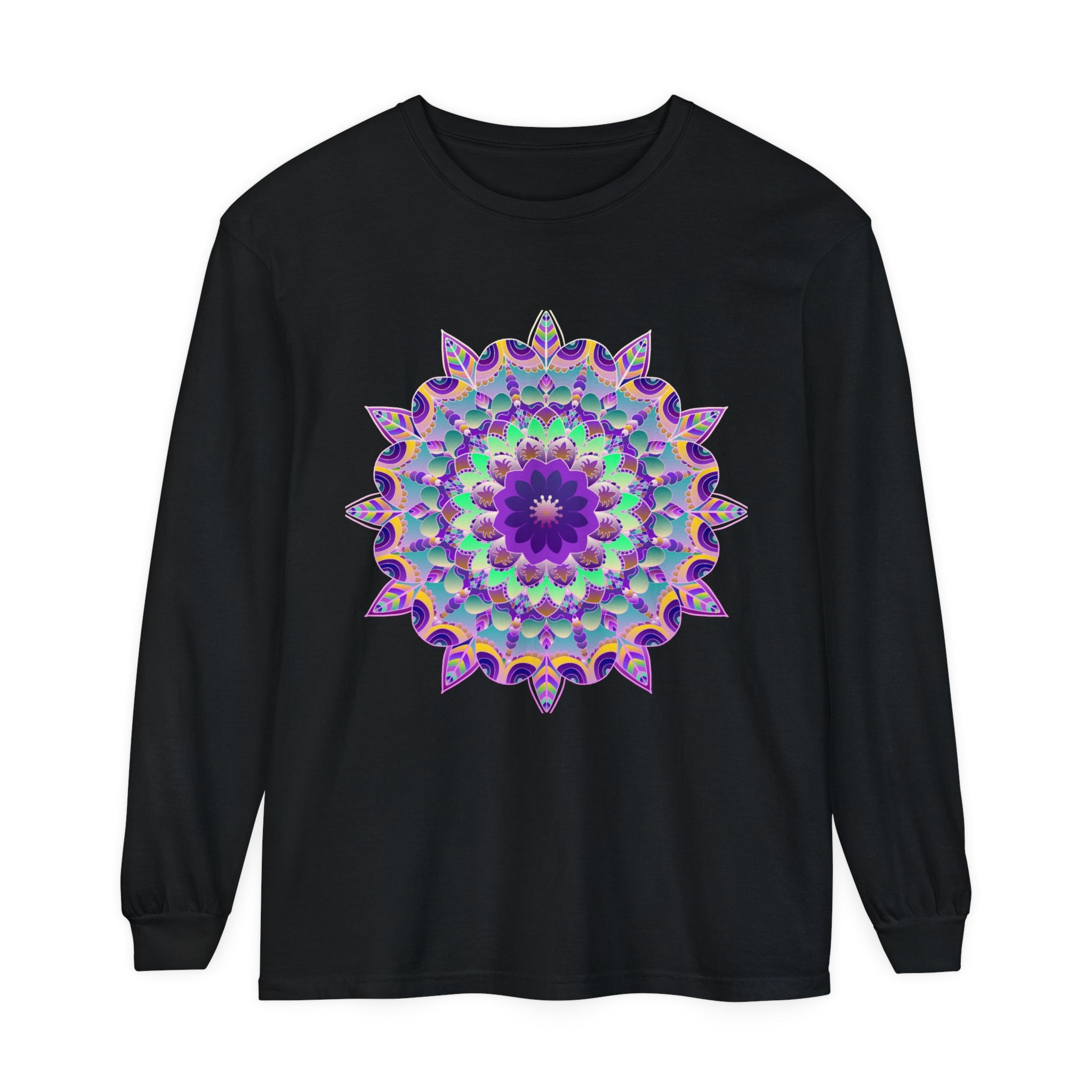 Colorful and intricate psychedelic mandala design on a long sleeve t-shirt