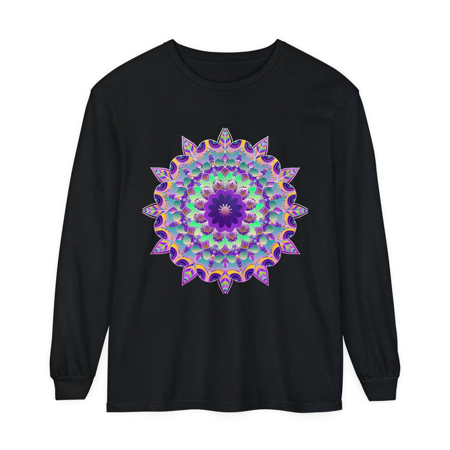 Colorful and intricate psychedelic mandala design on a long sleeve t-shirt