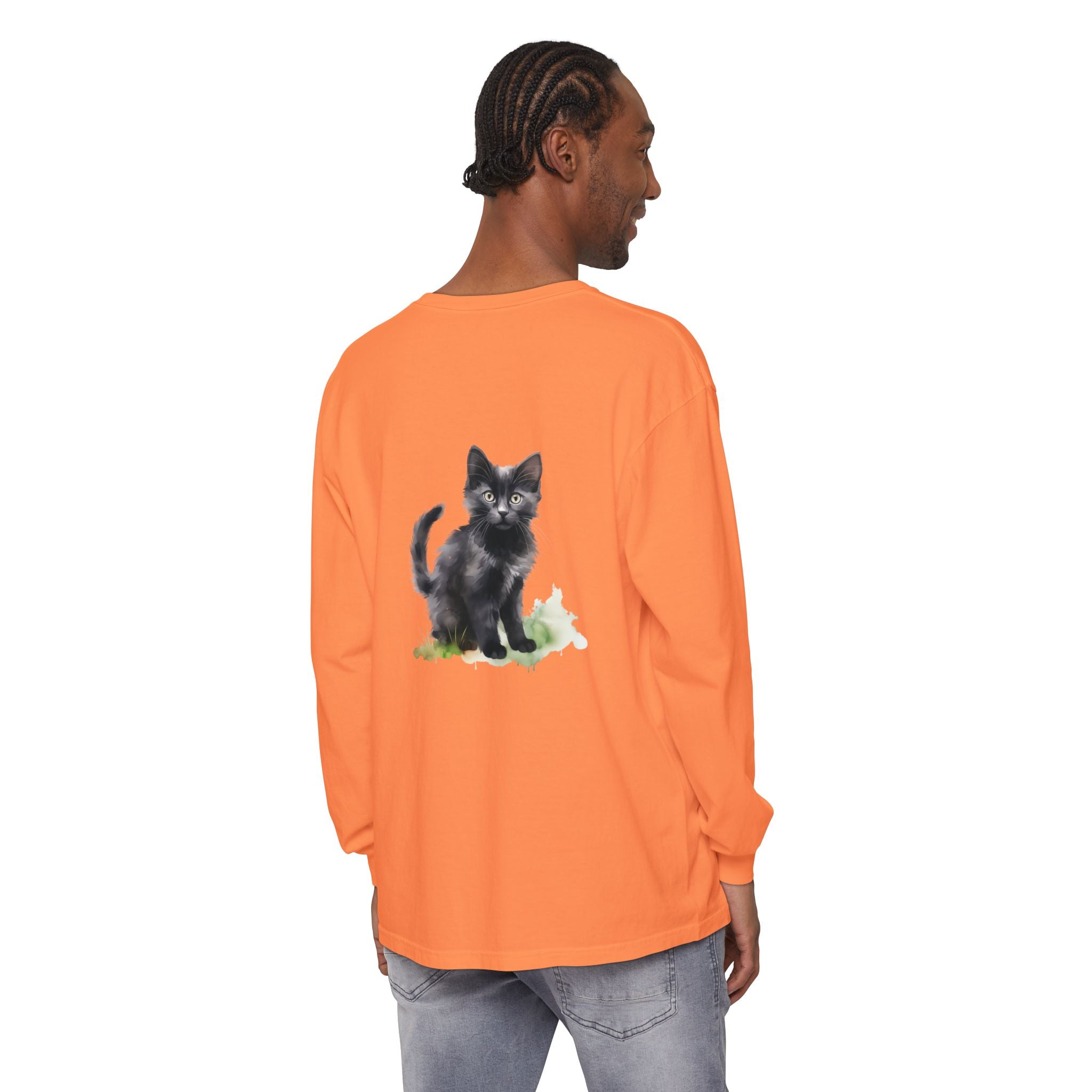 Maglietta a maniche lunghe con gatto nero e acquerello