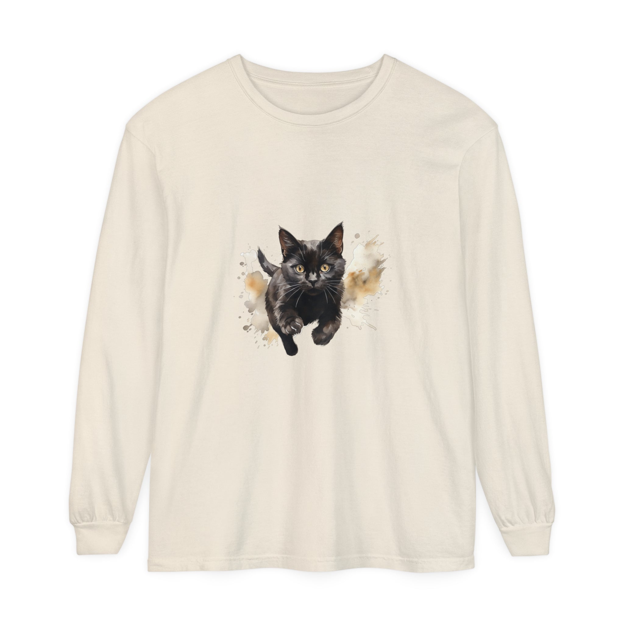 Black Cat Watercolor Sprint Unisex T-Shirt: A vibrant watercolor print of a black cat on a comfortable and stylish unisex t-shirt