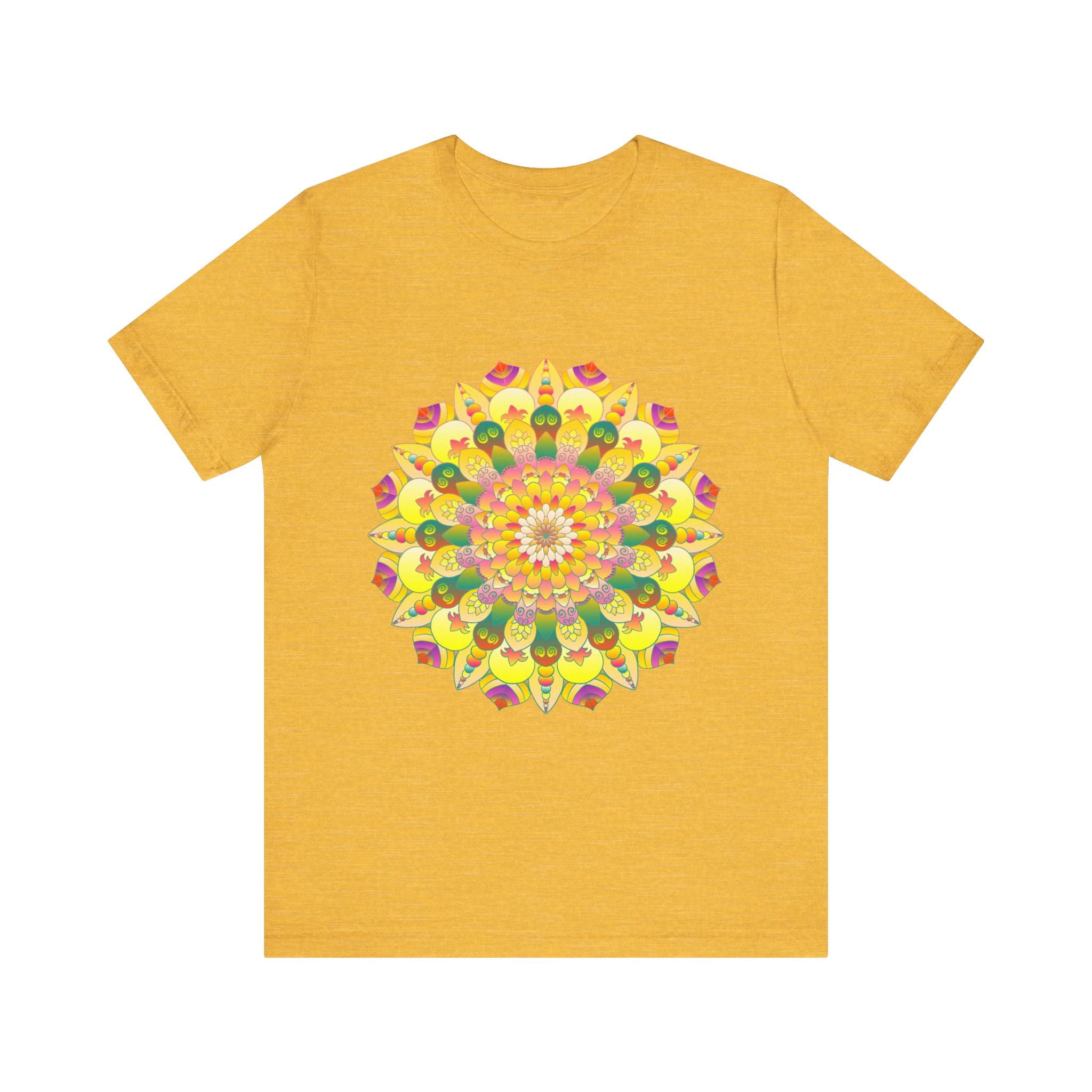 Vibrant Mandala Tee featuring intricate spiritual design, promoting peace, harmony, and positive energy for the wearer