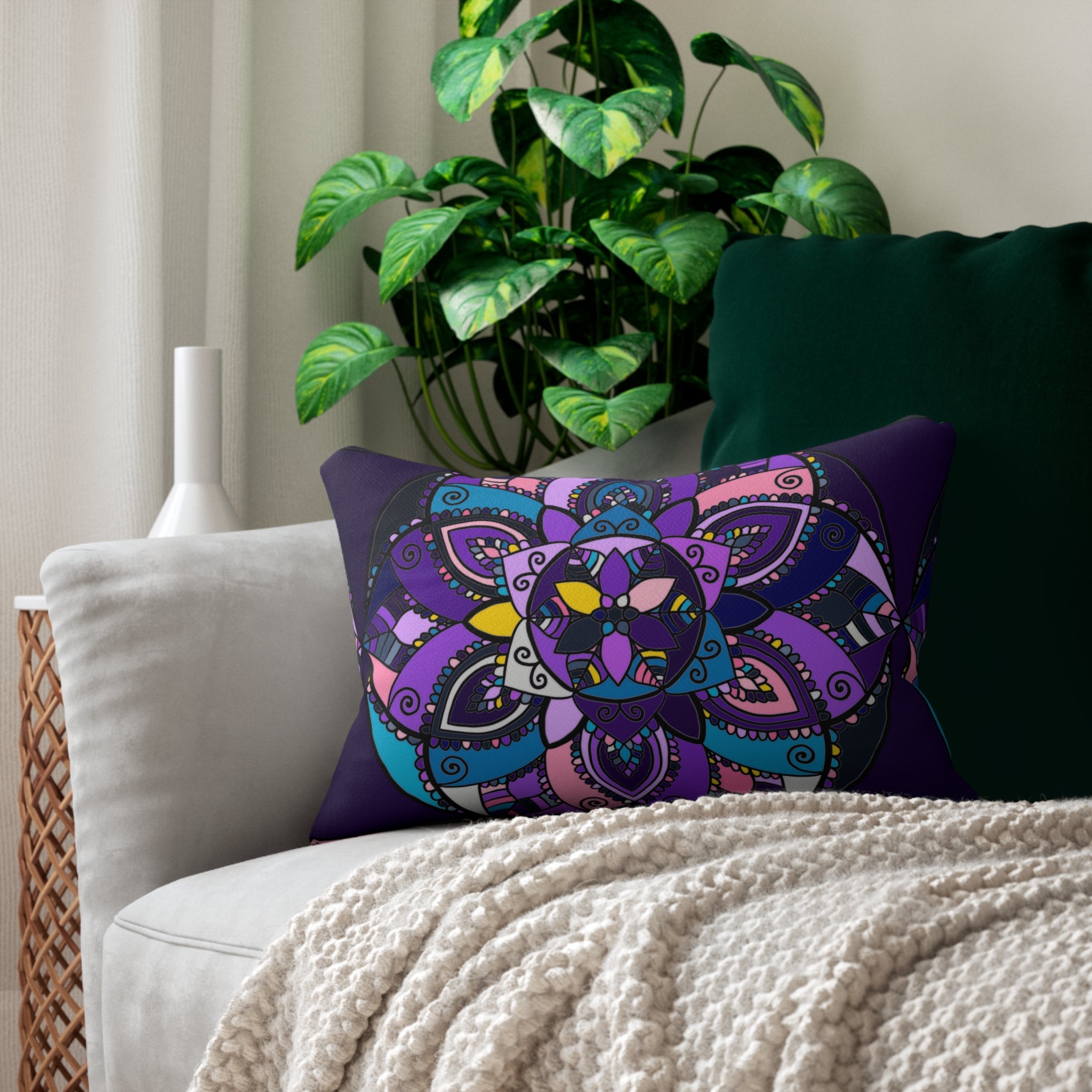 Mandala Lumbar Pillow — Boho Floral Mandala Accent Pillow (Purple, Pink & Teal)