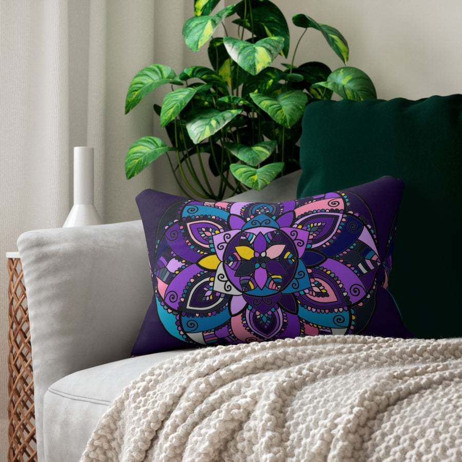 Mandala Lumbar Pillow — Boho Floral Mandala Accent Pillow (Purple, Pink & Teal)