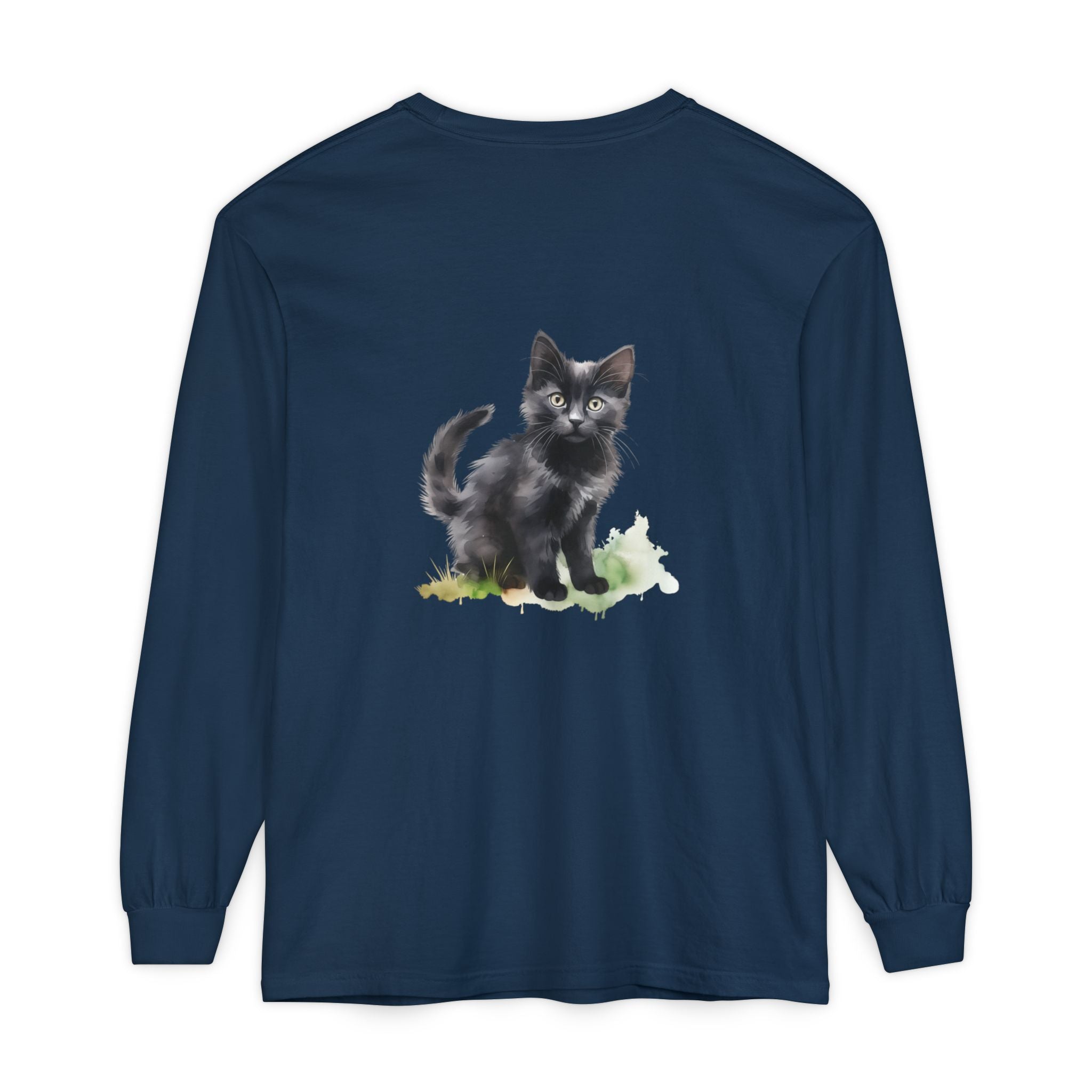 Maglietta a maniche lunghe con gatto nero e acquerello