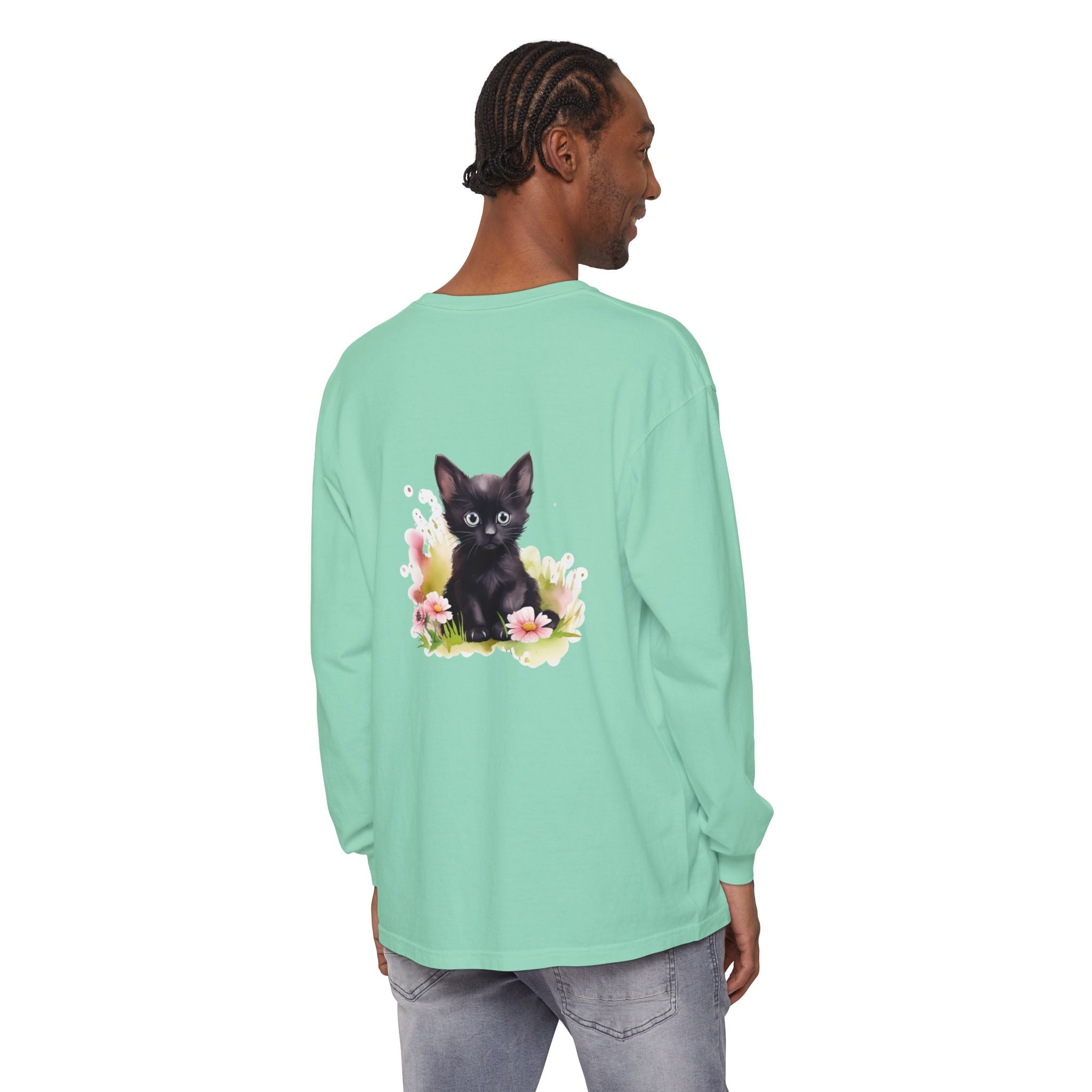 Langarmshirt | Schwarzes Kätzchen & rosa Blumen