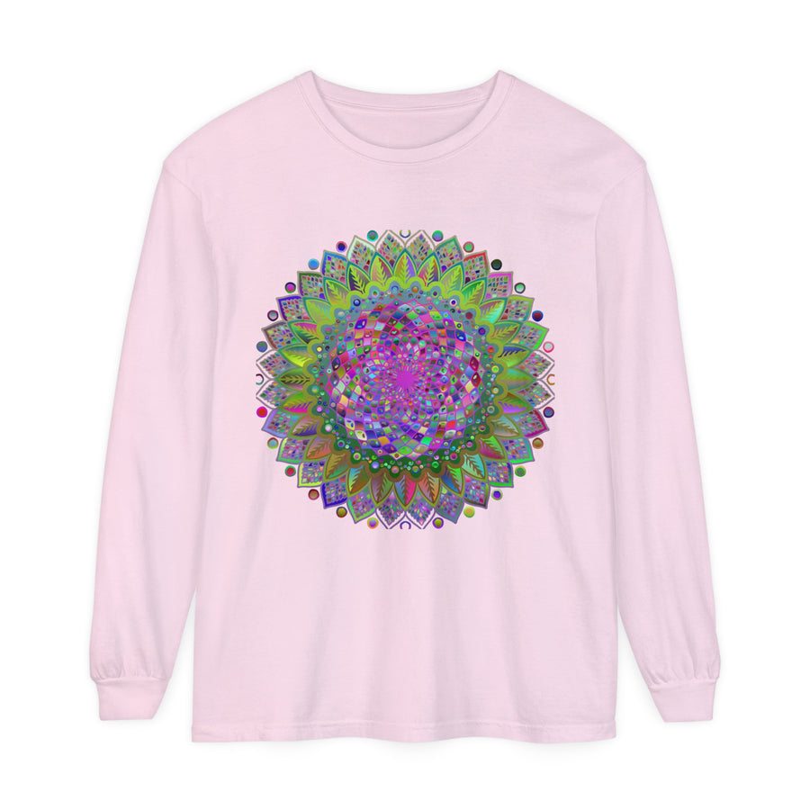 Colorful, intricate design of a vibrant mandala on a unisex long sleeve t-shirt