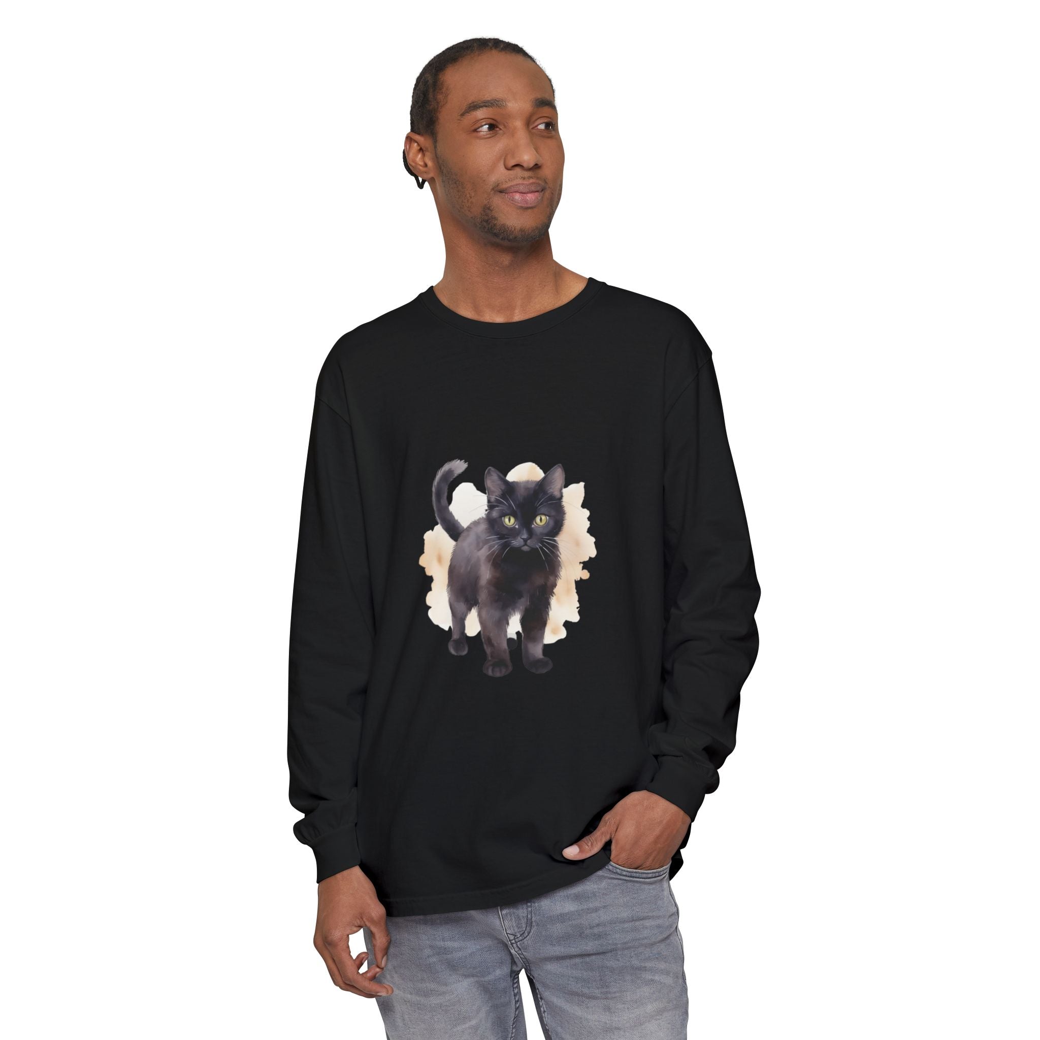 Full Sleeve Tee | Black Cat Watercolor - Unisex