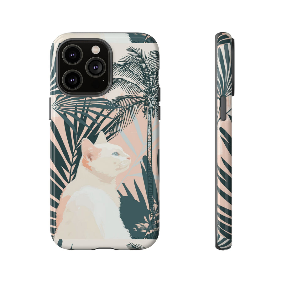 Tropical Cat Phone Case with Lush Palm Motifs and Soft Pastels