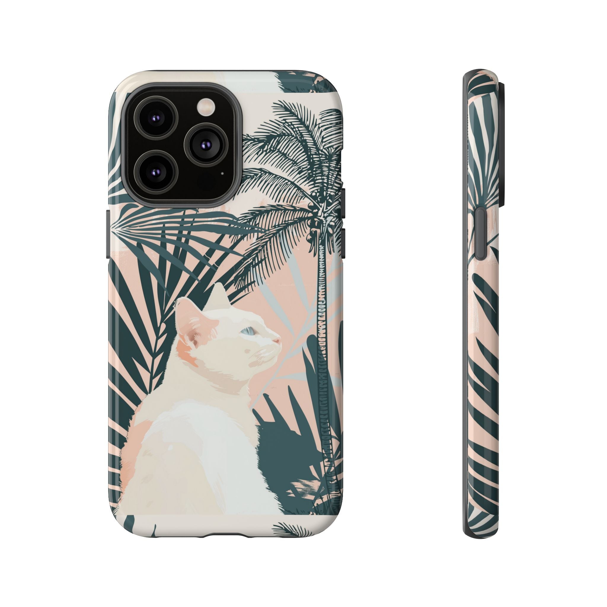 Tropical Cat Phone Case with Lush Palm Motifs and Soft Pastels