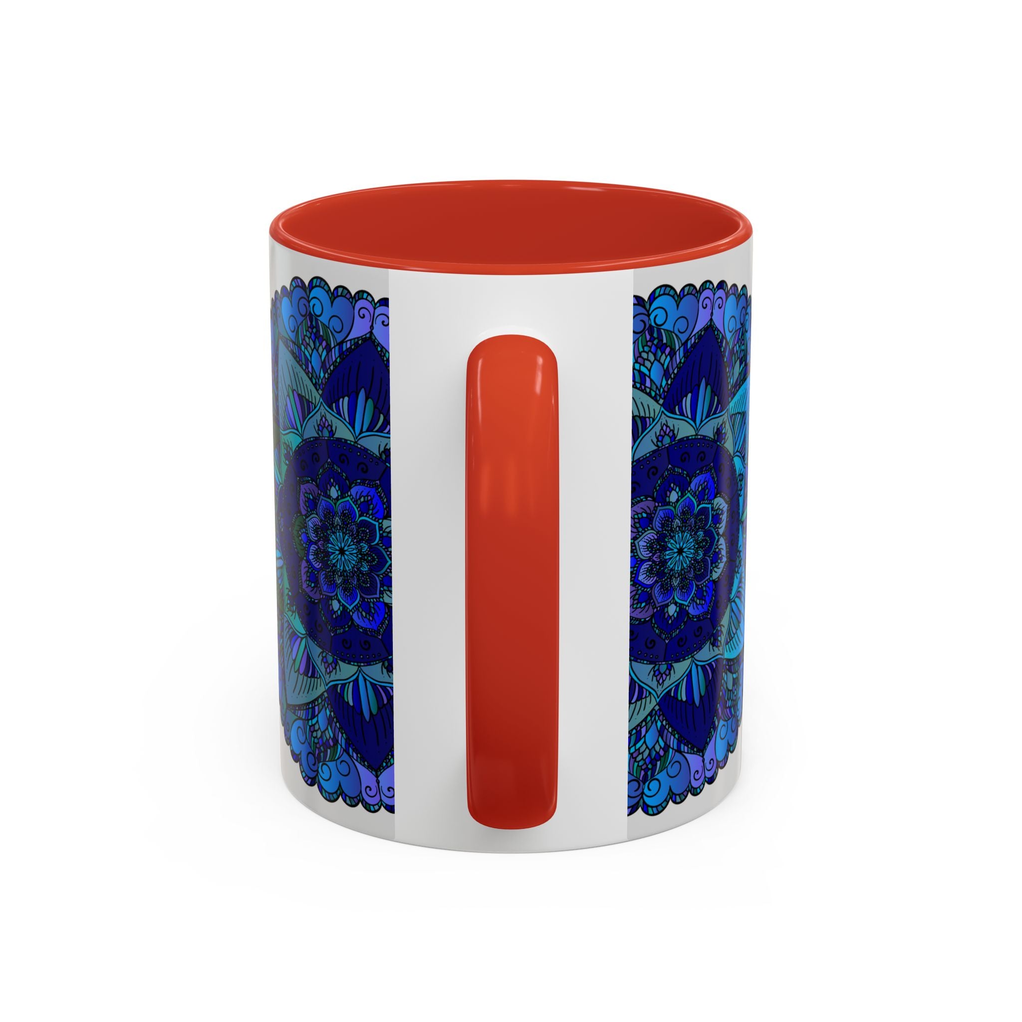 Handcrafted ceramic mug adorned with a beautiful blue and purple mandala