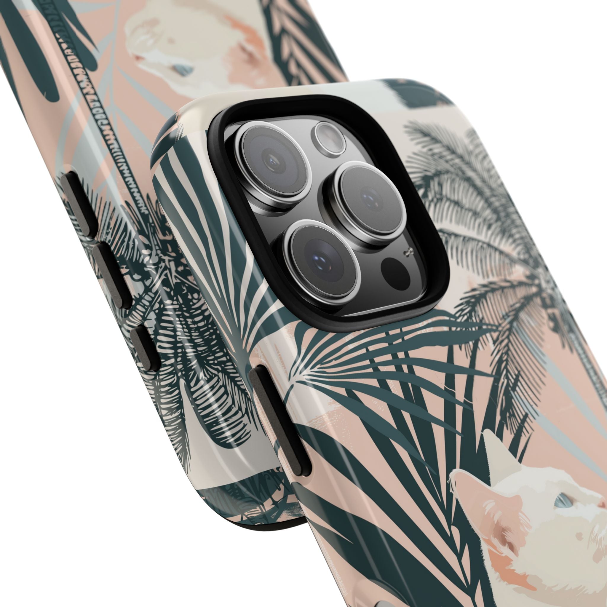 Tropical Cat Phone Case with Lush Palm Motifs and Soft Pastels