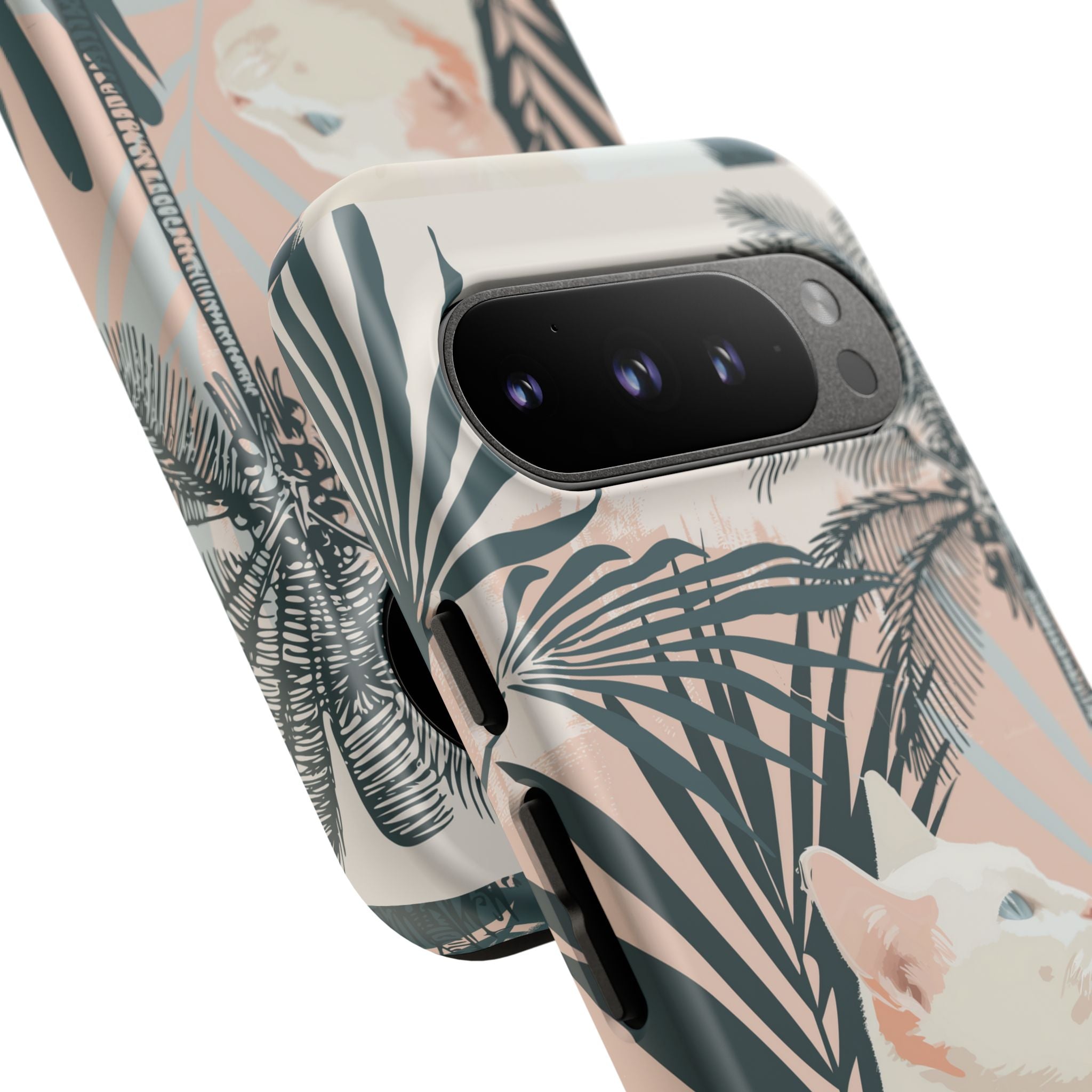 Tropical Cat Phone Case with Lush Palm Motifs and Soft Pastels