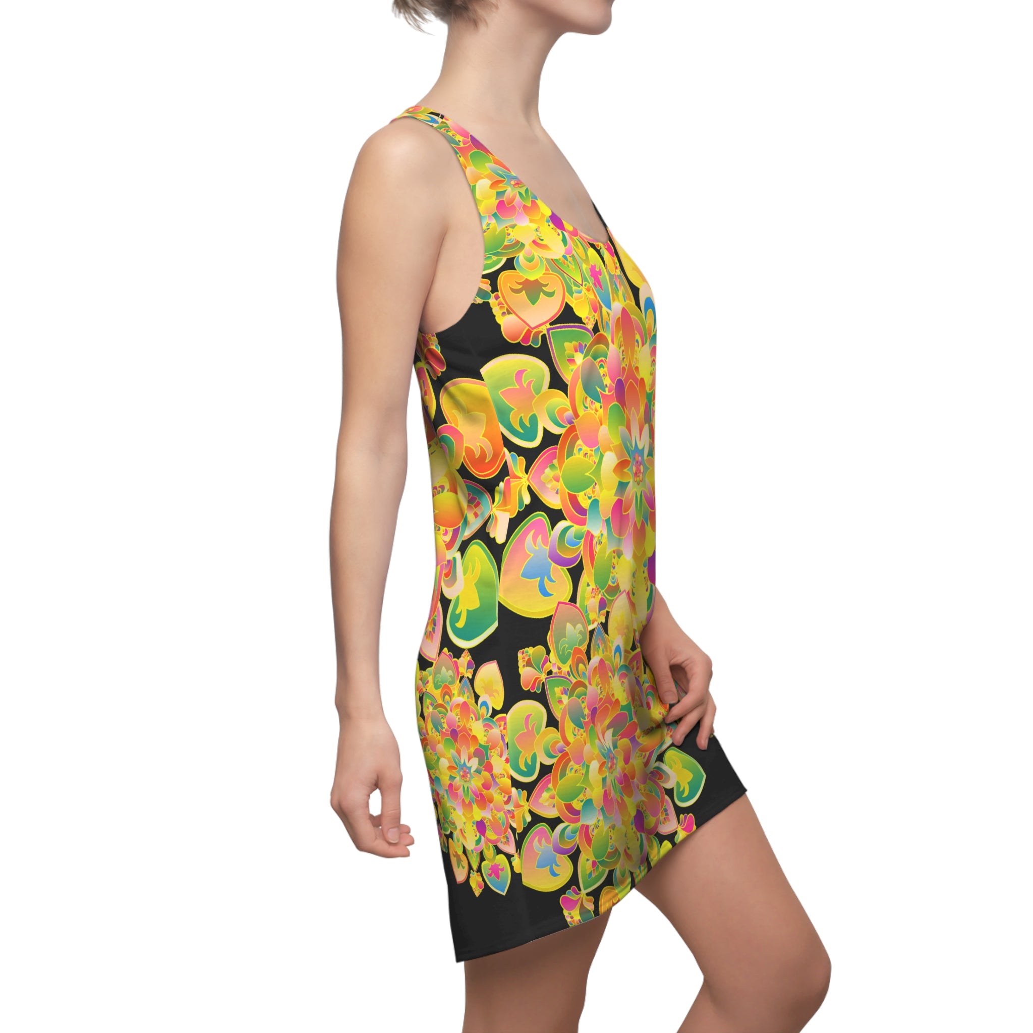 Abito con schiena incrociata Floral Radiance — Stampa integrale con mandala giallo vibrante