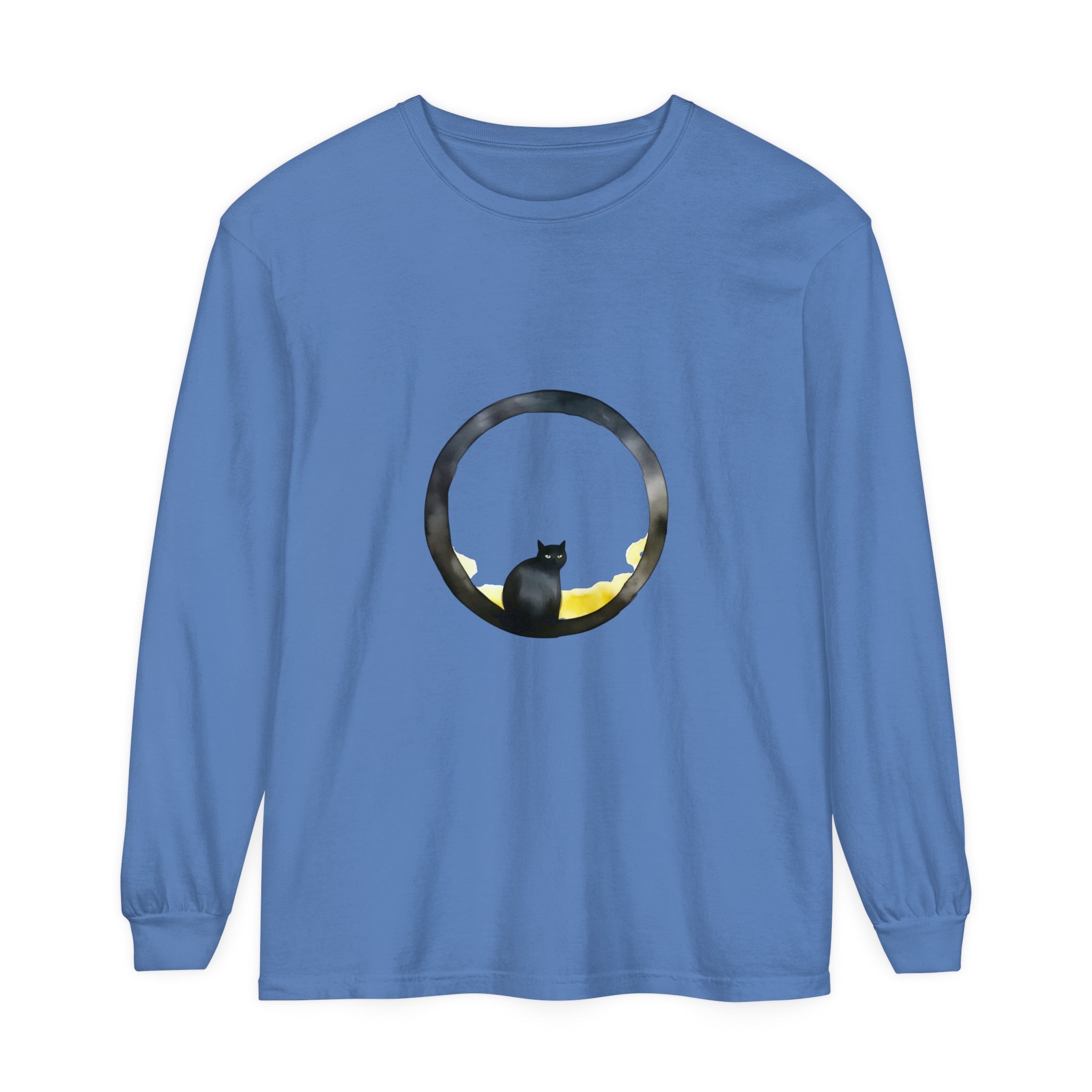 Black Cat Moon Glow Long Sleeve T-Shirt with spooky moon and cat design on black fabric
